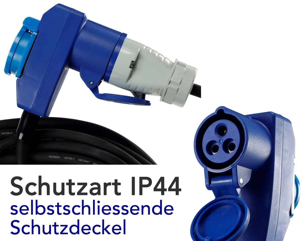 Rallonge CEE 25 m IP44 230 V H07RNF 3G2,5 Prise avec couvercle de protection