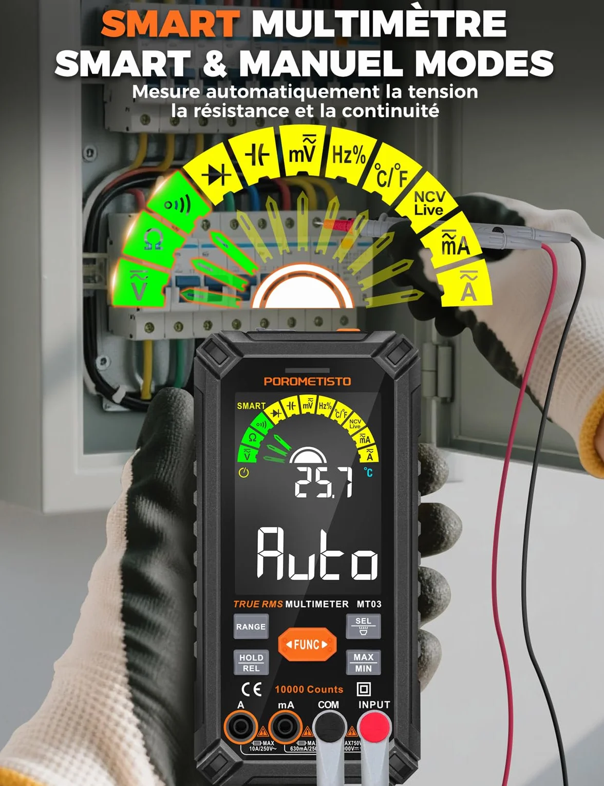 POROMETISTO Multimètre Numérique 10000 Comptes 750V CA 1000V CC Automatique Rechargeable
