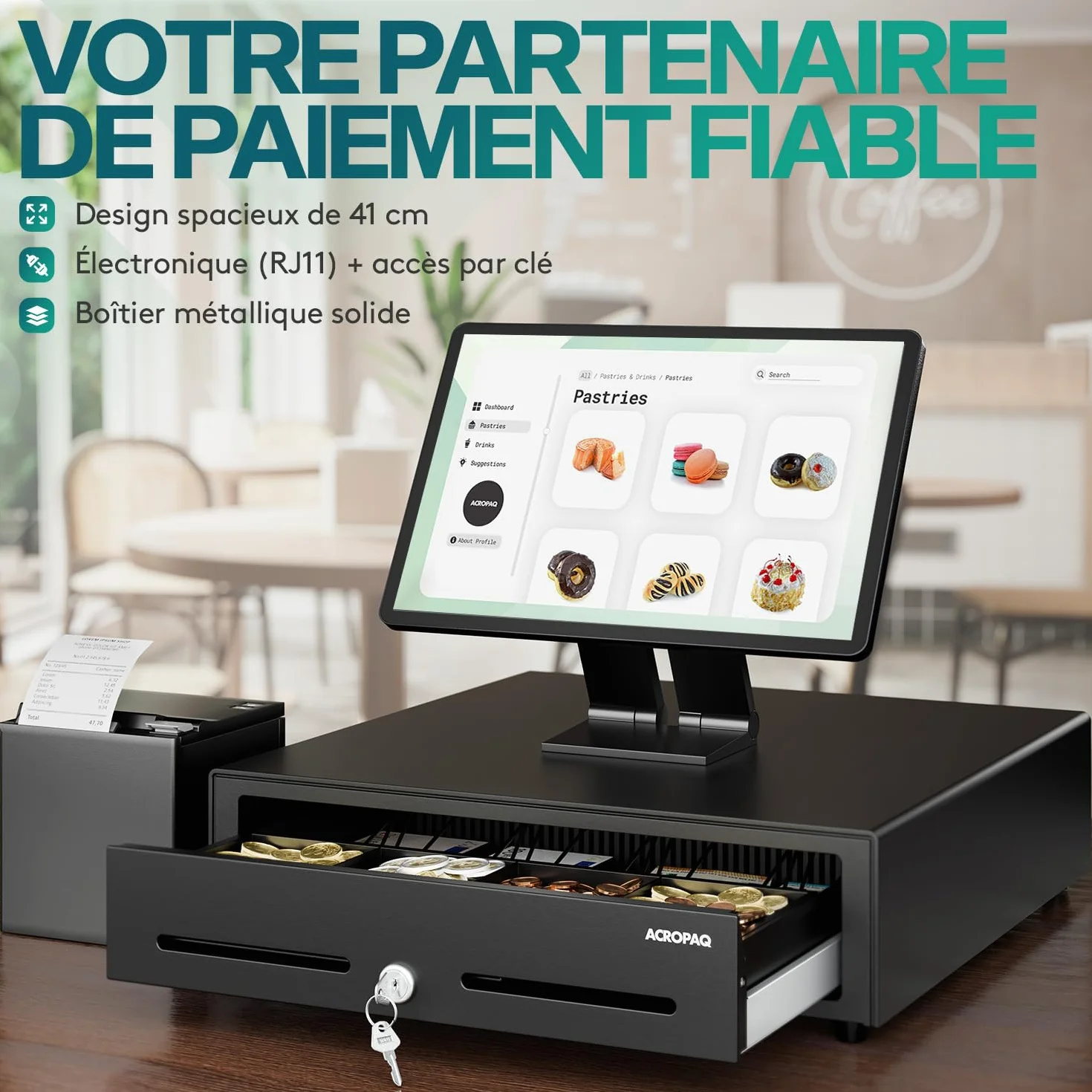 ACROPAQ Tiroir caisse métal robuste 42 x 41 x 10 cm 8 cases pièces 4 billets sans courant
