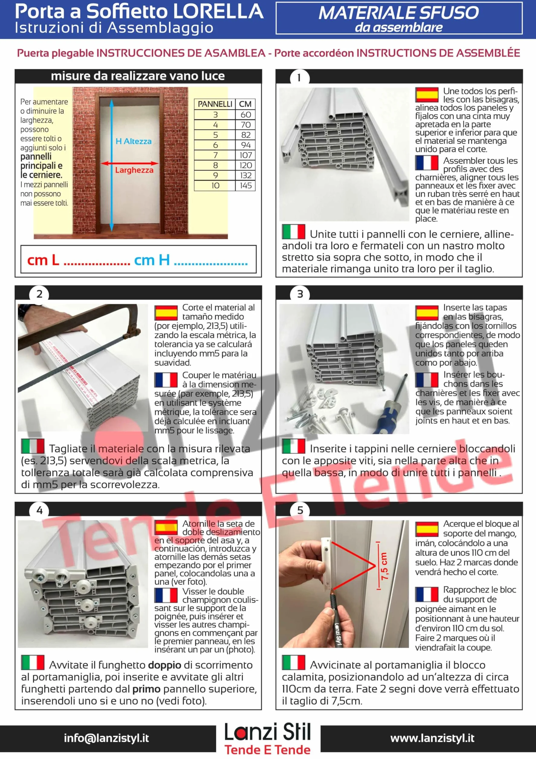Porte de plafond kit bricolage Lorella H 220 cm Largeur 82/94/107/120/132/145 cm à couper et assembler