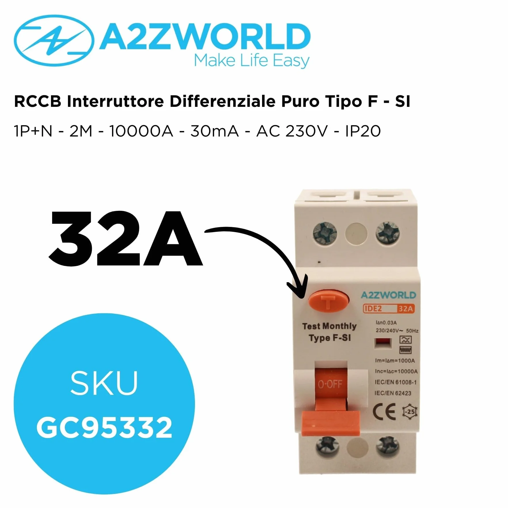 Disjoncteurs différentiel Type F-SI super immunisé 32A 30mA 1P+N 10kA 2 modules