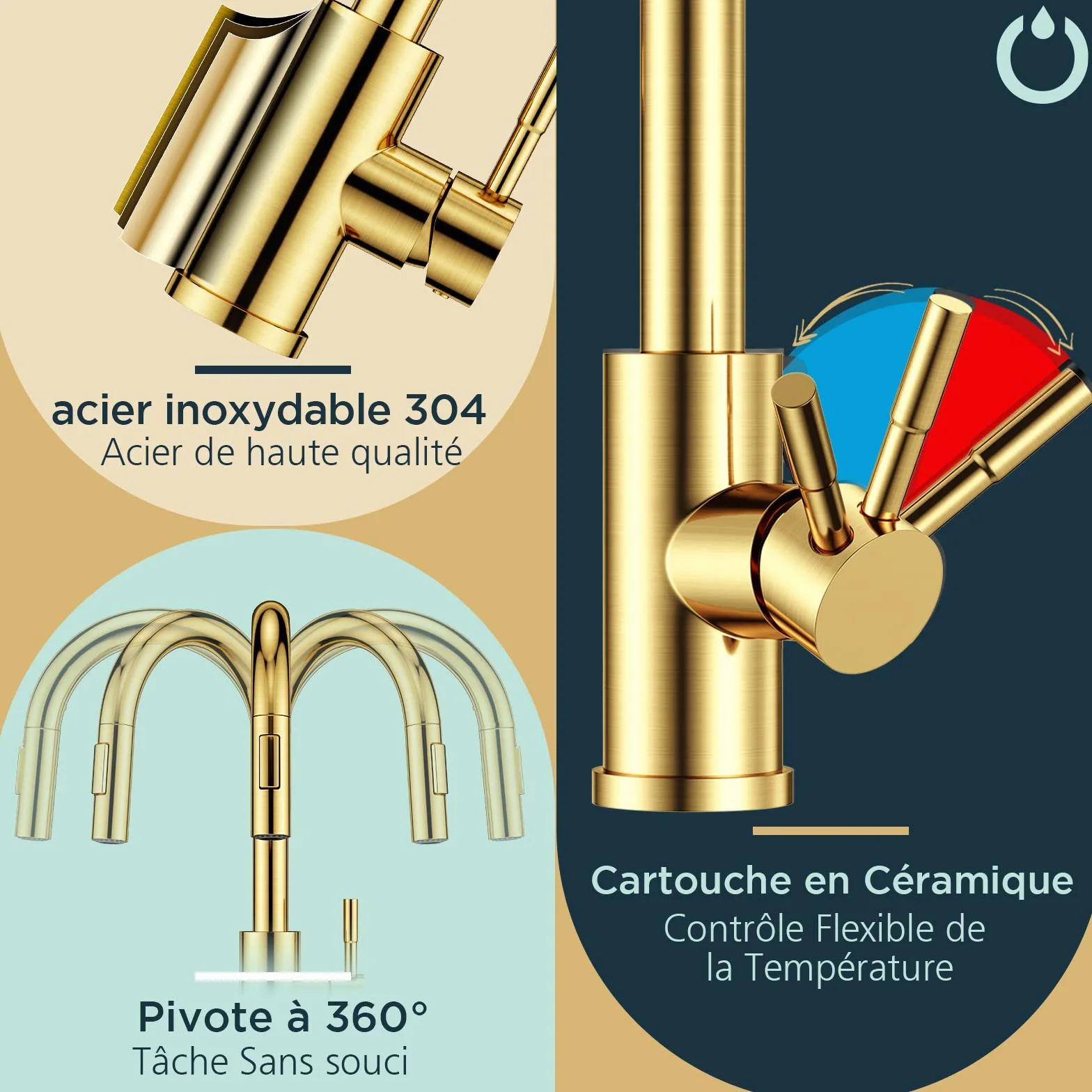 FORIOUS Robinet Cuisine Mitigeur Douchette Pivotant 360° Évier Arc Élevé Pulvérisateur Escamotable 2 Modes Or Brossé