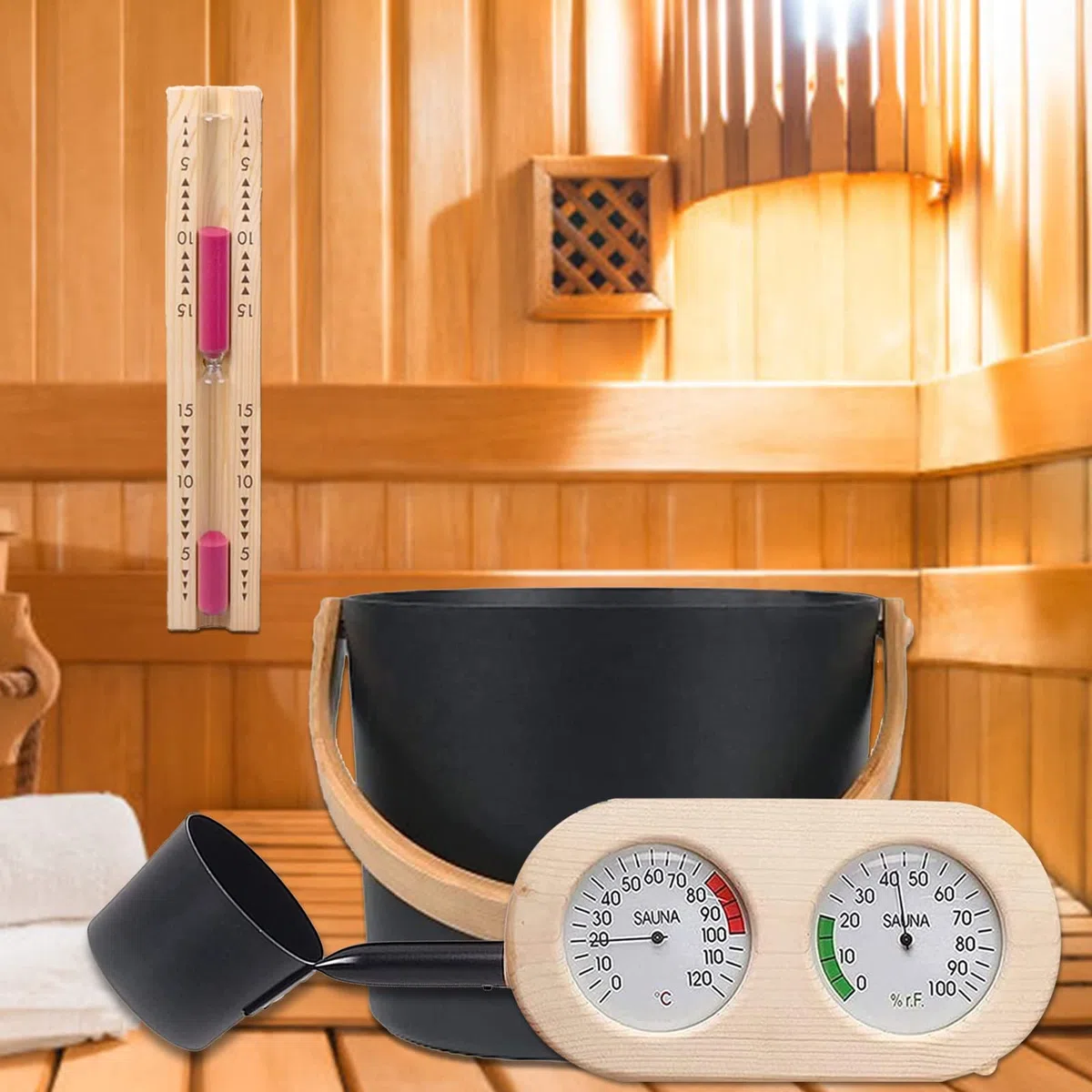 Seau Pour Sauna 7L Set Complet Avec Louche En Bois Pin Finlandais Thermomètre Hygromètre Sablier
