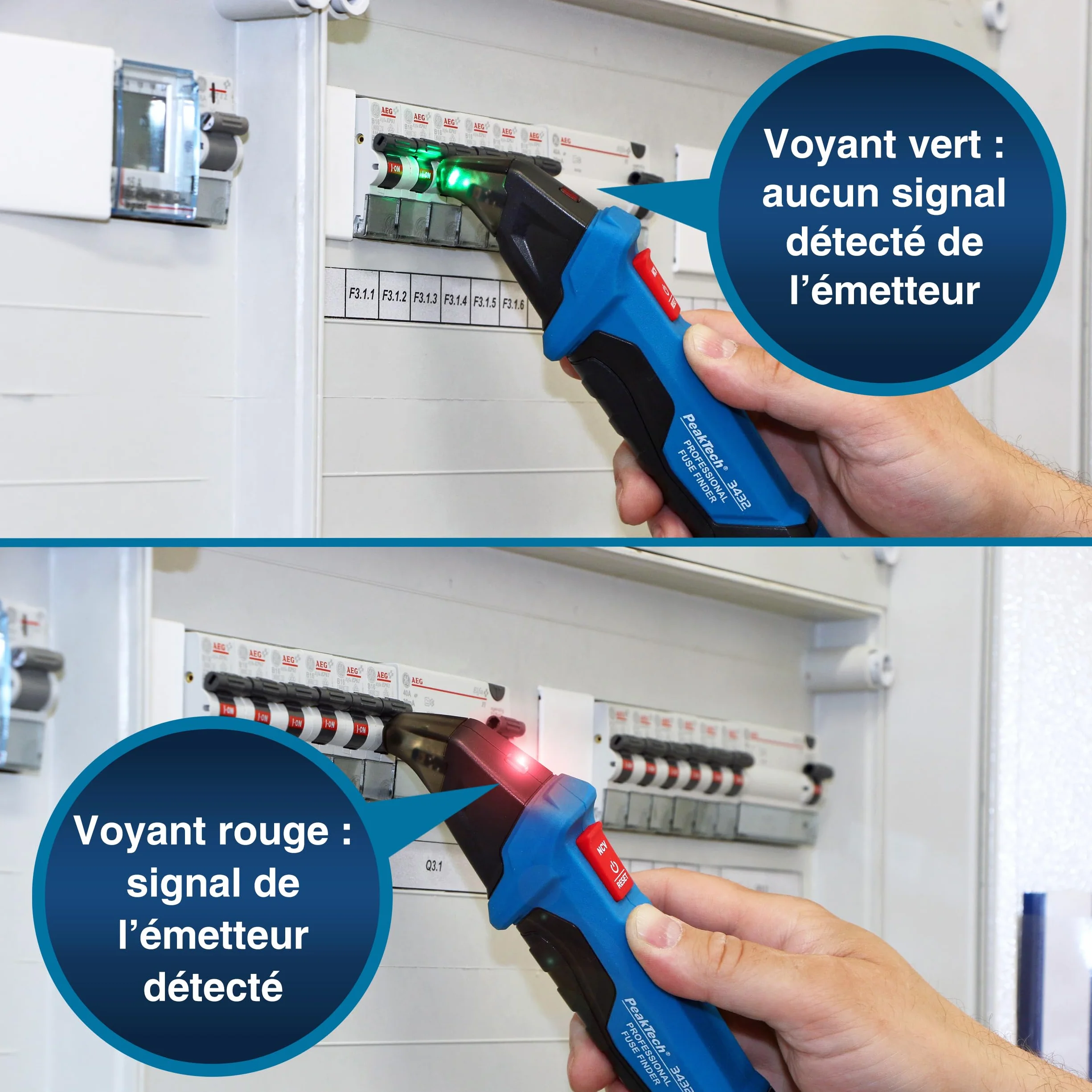 PeakTech 3432 Détecteur de fusibles circuit électrique testeur de prise 230 V Schuko NCV Testeur de tension Bleu