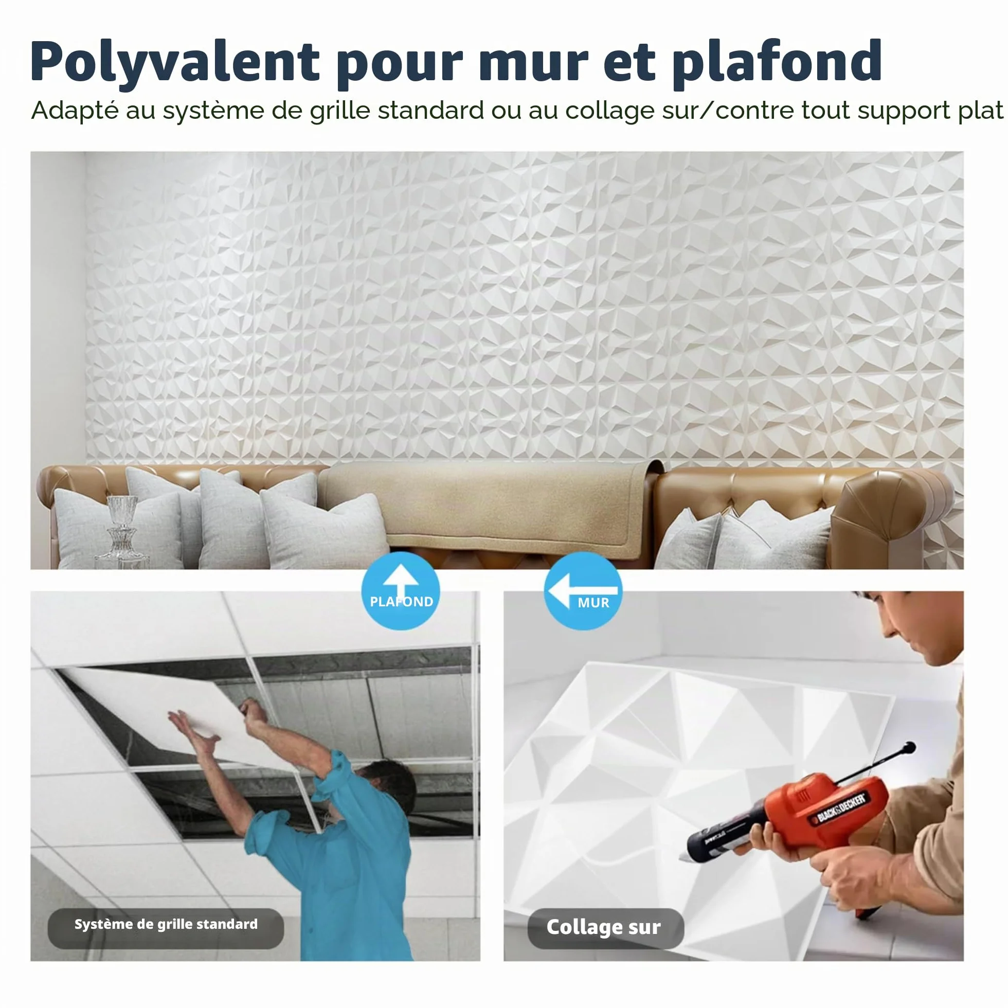 Art3d Lot de 33 panneaux muraux décoratifs 3D en forme de diamant, Blanc mat 30,5 x 30,5cm, PVC imperméable