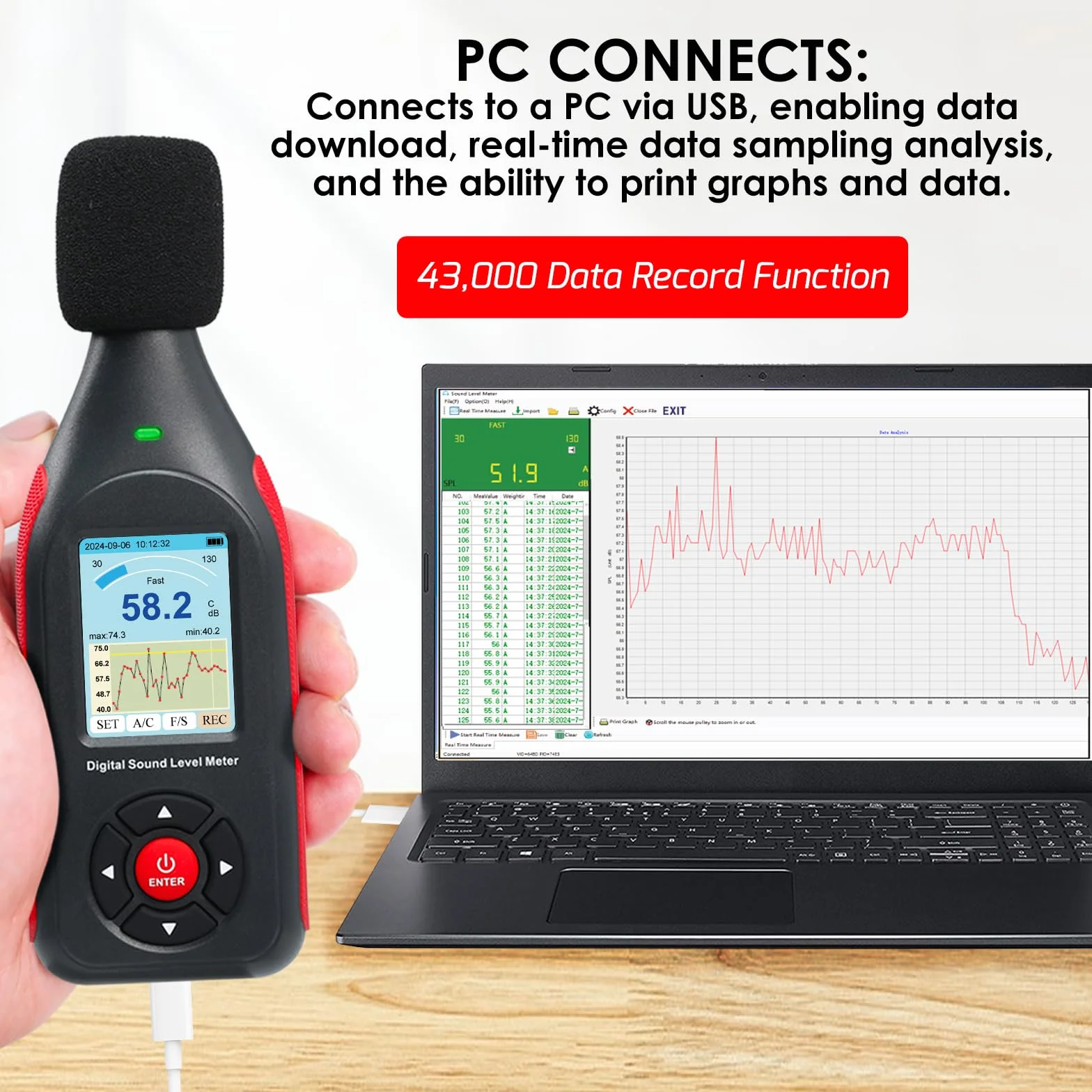 Sonomètre Décibelmètre Datalogger avec Pondération A/C, Réponse Rapide/Lente, 43000 Enregistrements, USB/PC, Alarme LED Tricolore