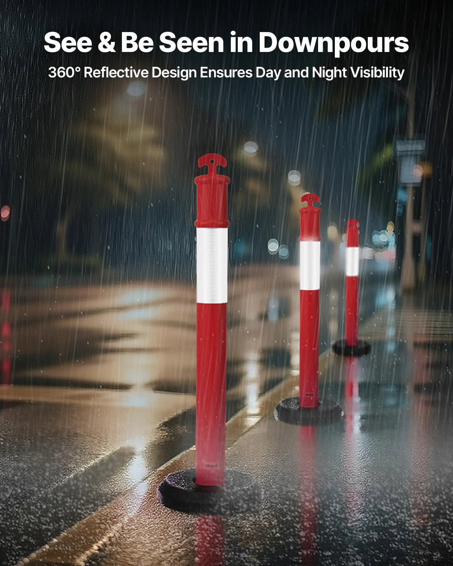 VEVOR Poteau de Signalisation 114 cm, Balise de Délimitation avec Base Remplissable, Bandes Réfléchissantes, Rouge