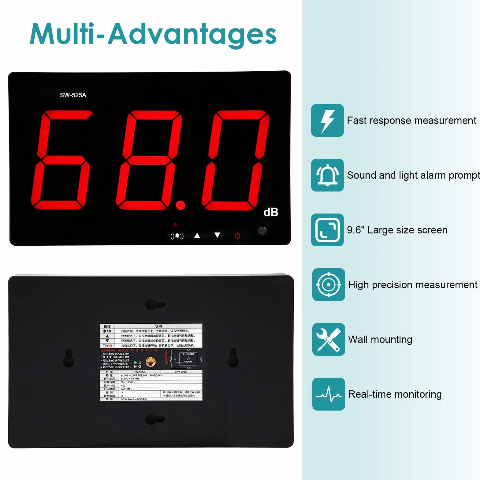 Sonomètre Numérique SW-525A 30~130dB Monté au Mur avec Affichage LCD Seuils d'Alarme USB
