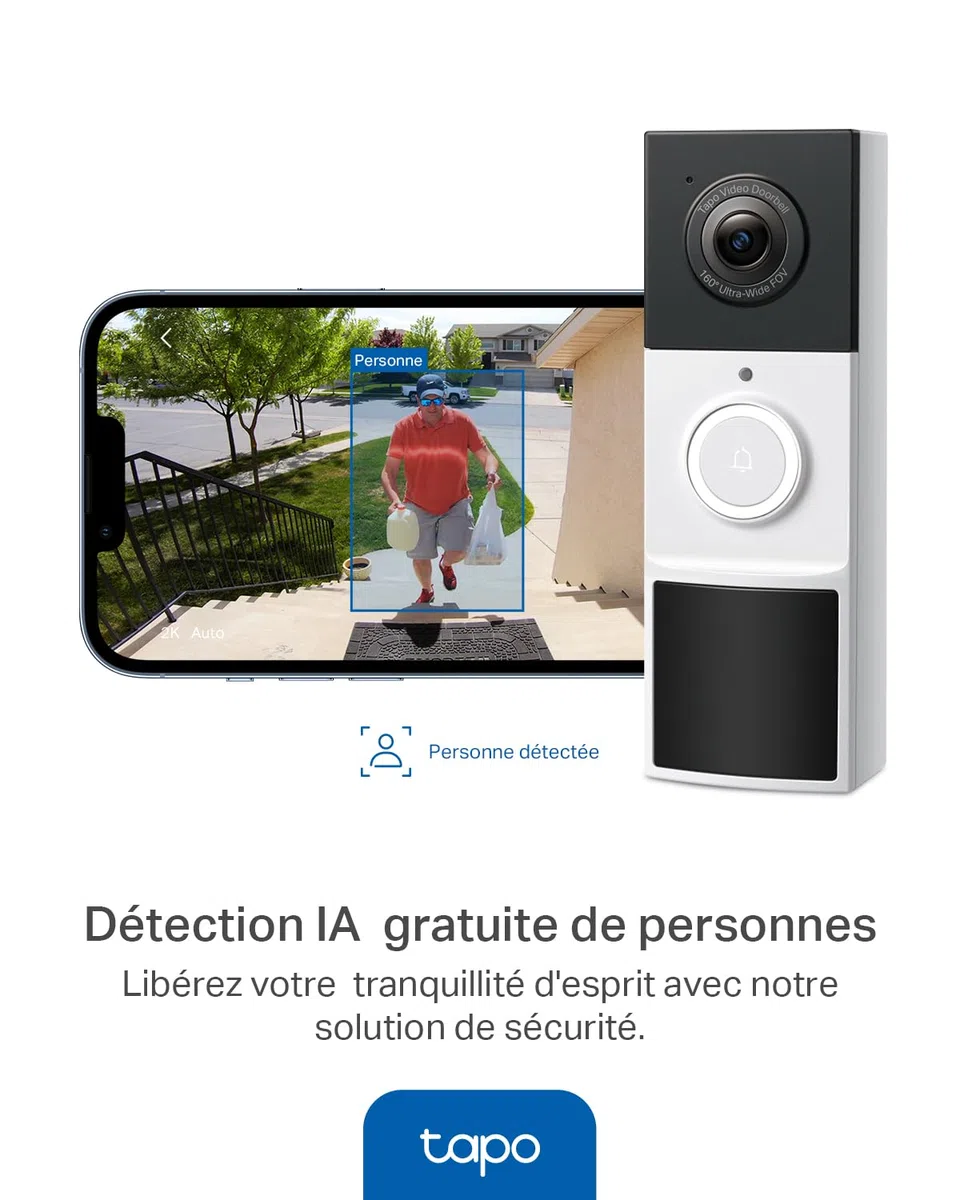 Tapo D210 Sonnette sans Fil avec caméra Extérieur 2K 3MP IP65 étanche Ultra Grand Angle 160° Vision Nocturne en Couleur Détection Humaine AI Audio Bidirectionnel