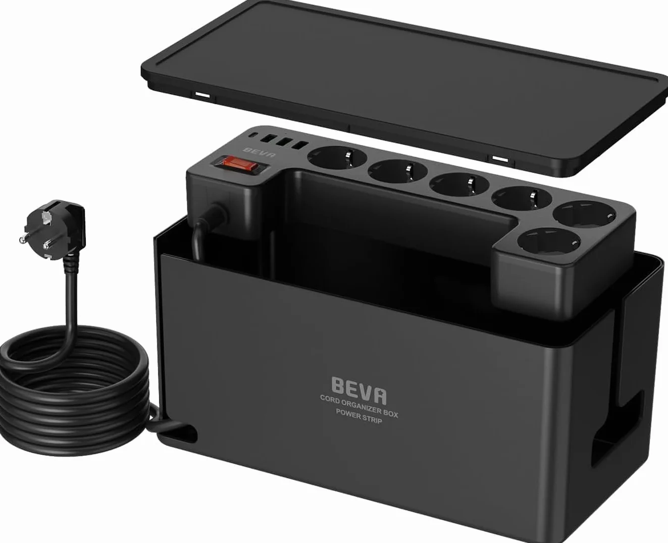 BEVA Multiprise Cachée 2M 1050J Parafoudre Surtension 6 Prises USB 3 USB-A 1 USB-C 15W Noir