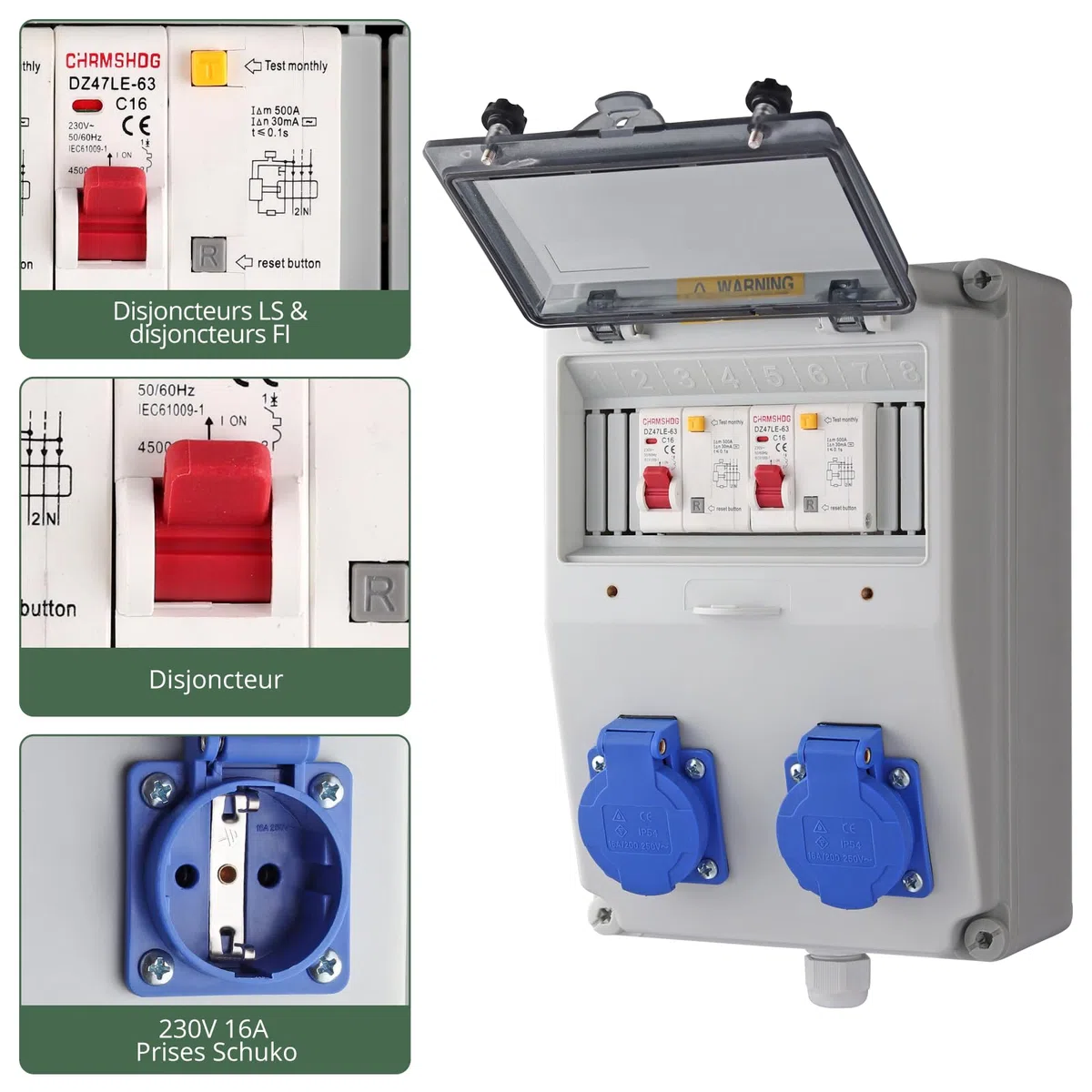 Coffret Électrique de Chantier LS+FI IP54 Prise Schuko 230 V Distributeur de Courant Électrique avec Disjoncteur