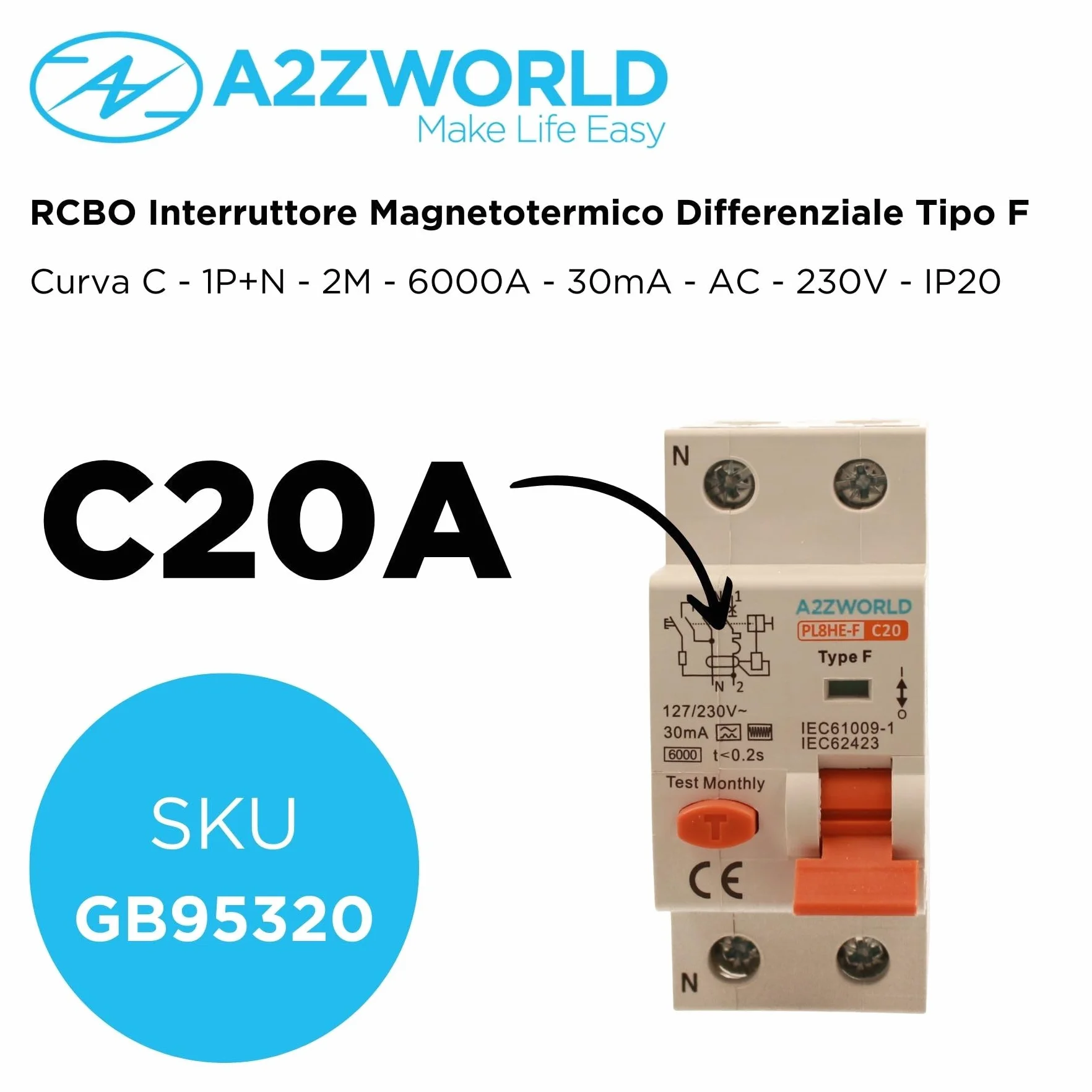 Interrupteur Différentiel Magnétothermique Type F 20A C20 RCBO 6kA 30mA 1P+N 2 Modules DIN