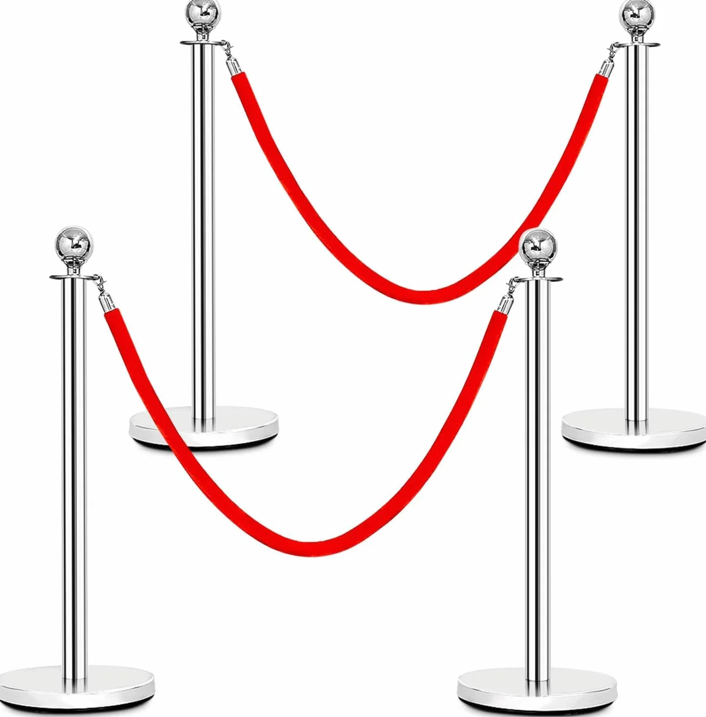 Poteaux de Guidage avec Corde en Velour Rouge 1,5 m, Barrière de Queue pour Contrôle de Foule, Base Creuse Argent