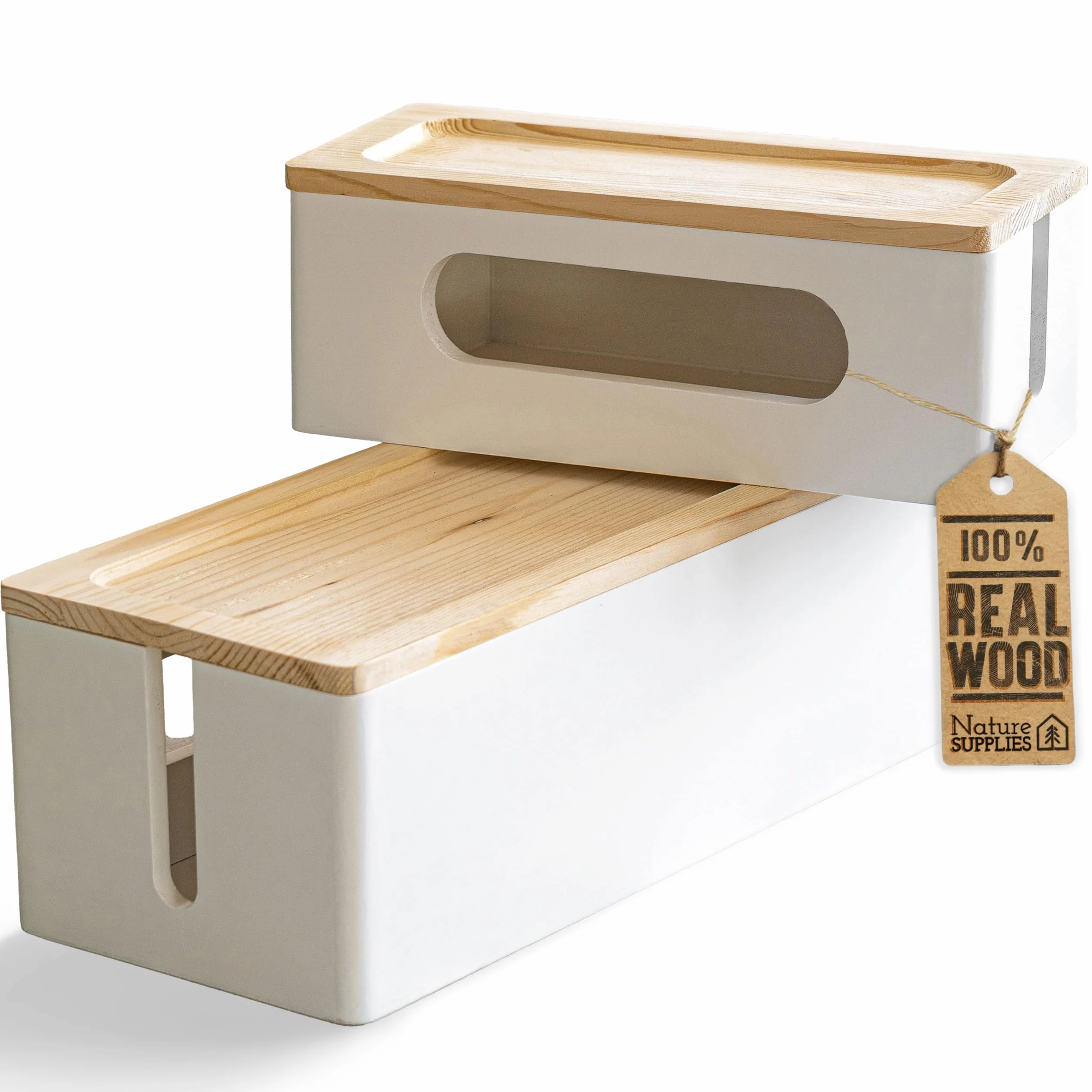 Lot de 2 Boîte de Rangement de Câbles en Bois Rustique pour Bureau TV Ordinateur USB Blanc