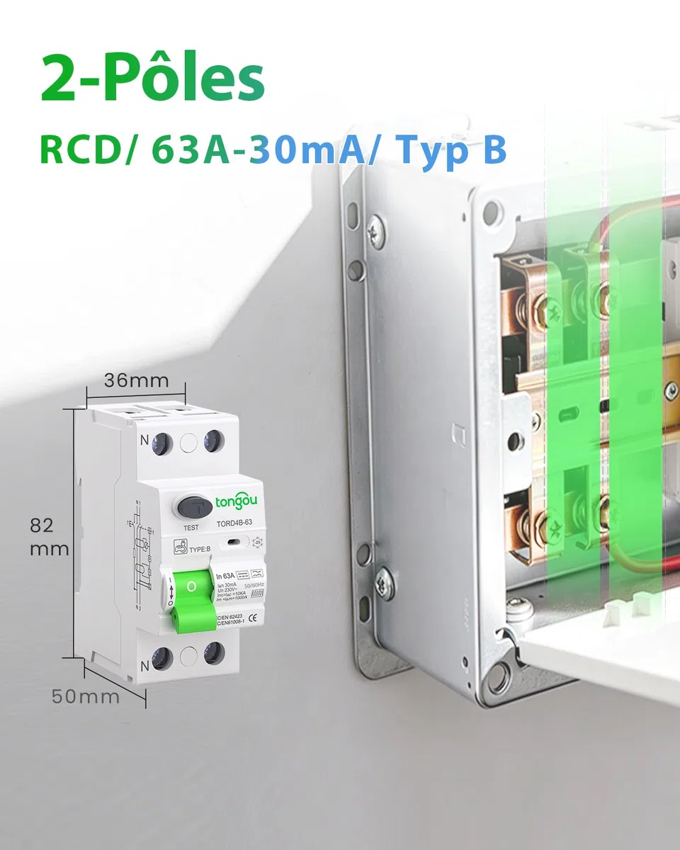 TONGOU Disjoncteur Différentiel 30mA 63A Type B 230V 1P+N