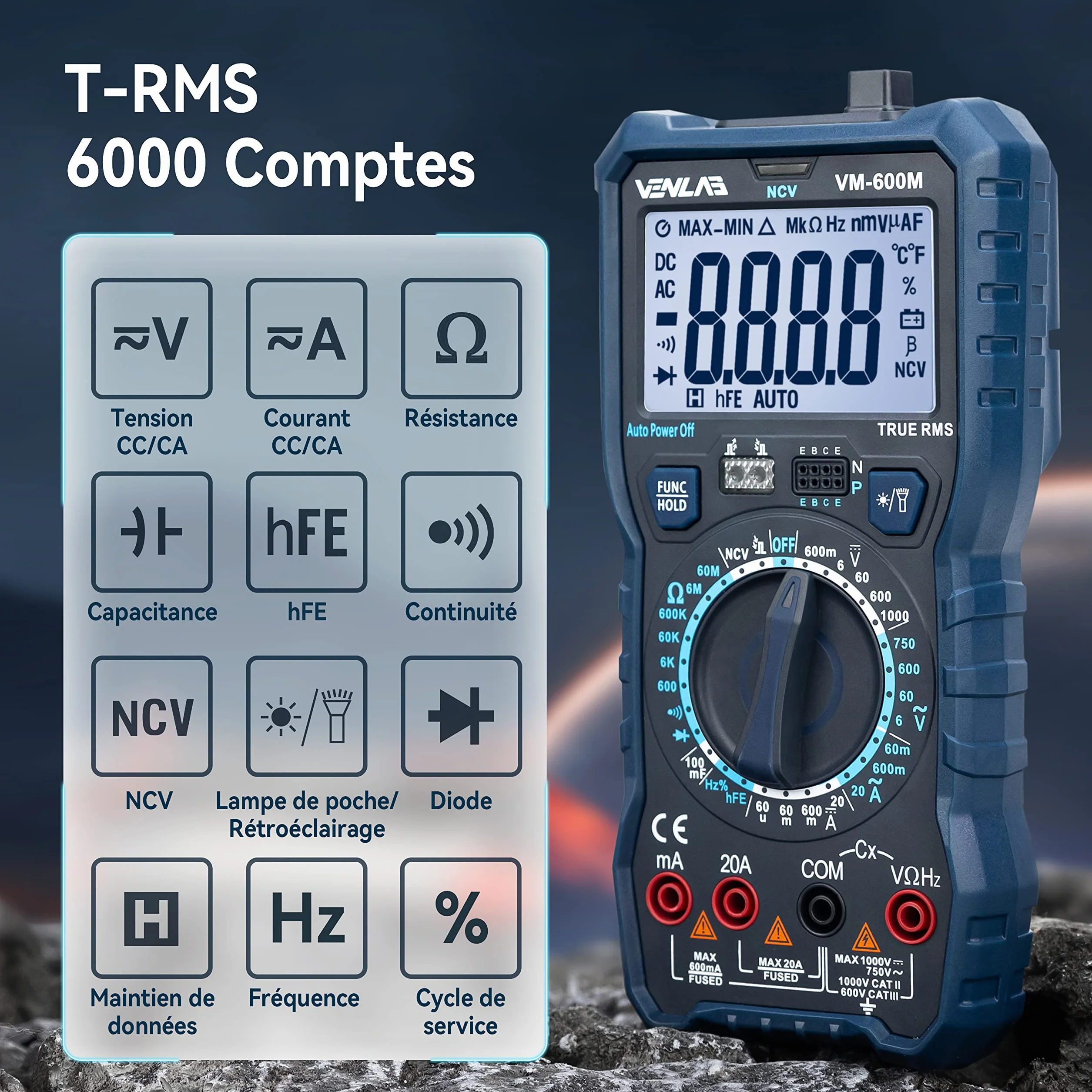 Multimètre Numérique TRMS 6000 Comptes VENLAB Voltmètre Testeur Electrique CA/CC Tension Courant