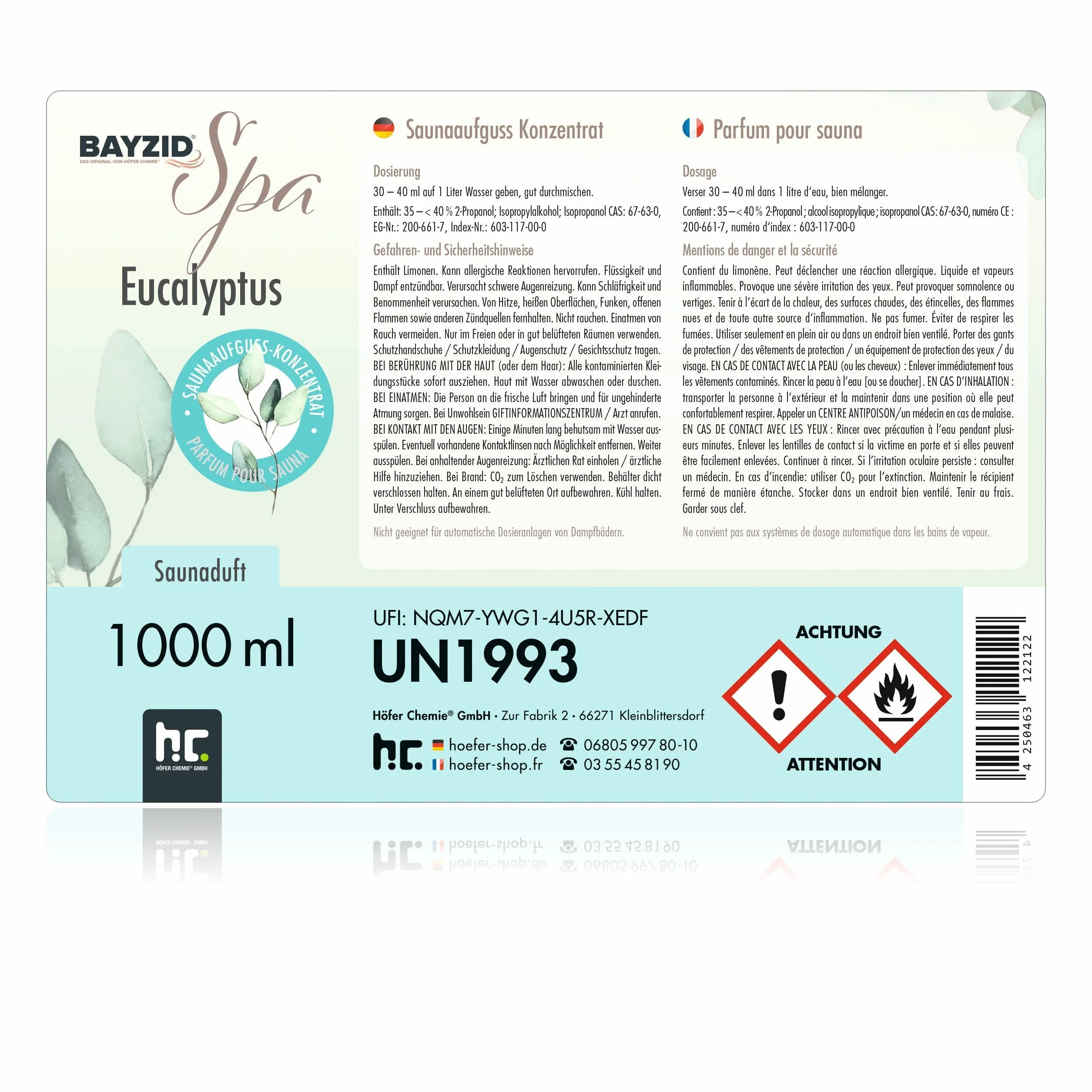 BAYZID® Spa Parfum Sauna Eucalyptus concentré d'infusion 1 L