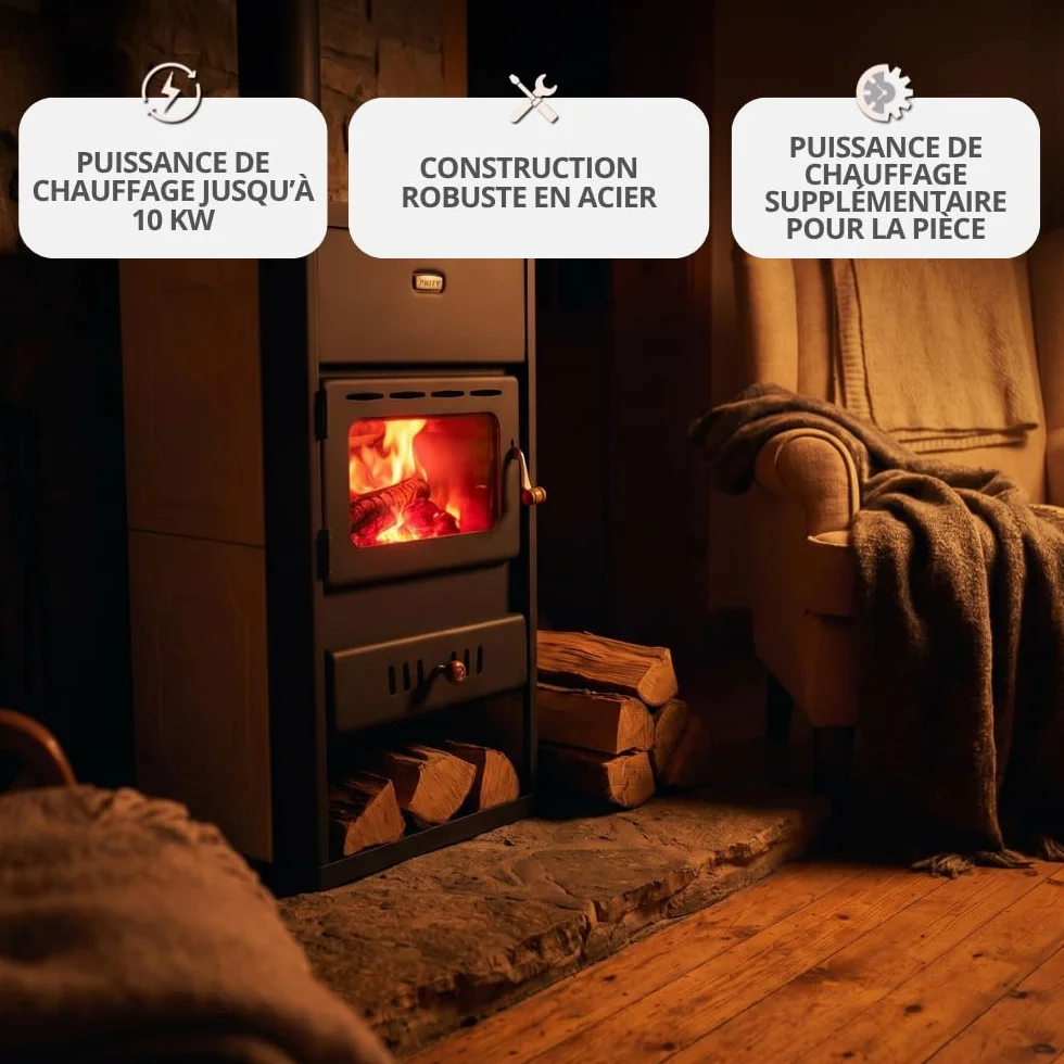 Prity S1 W10 Poêle à bois avec gaine d'eau 10 kW Chauffage central Certifié CE