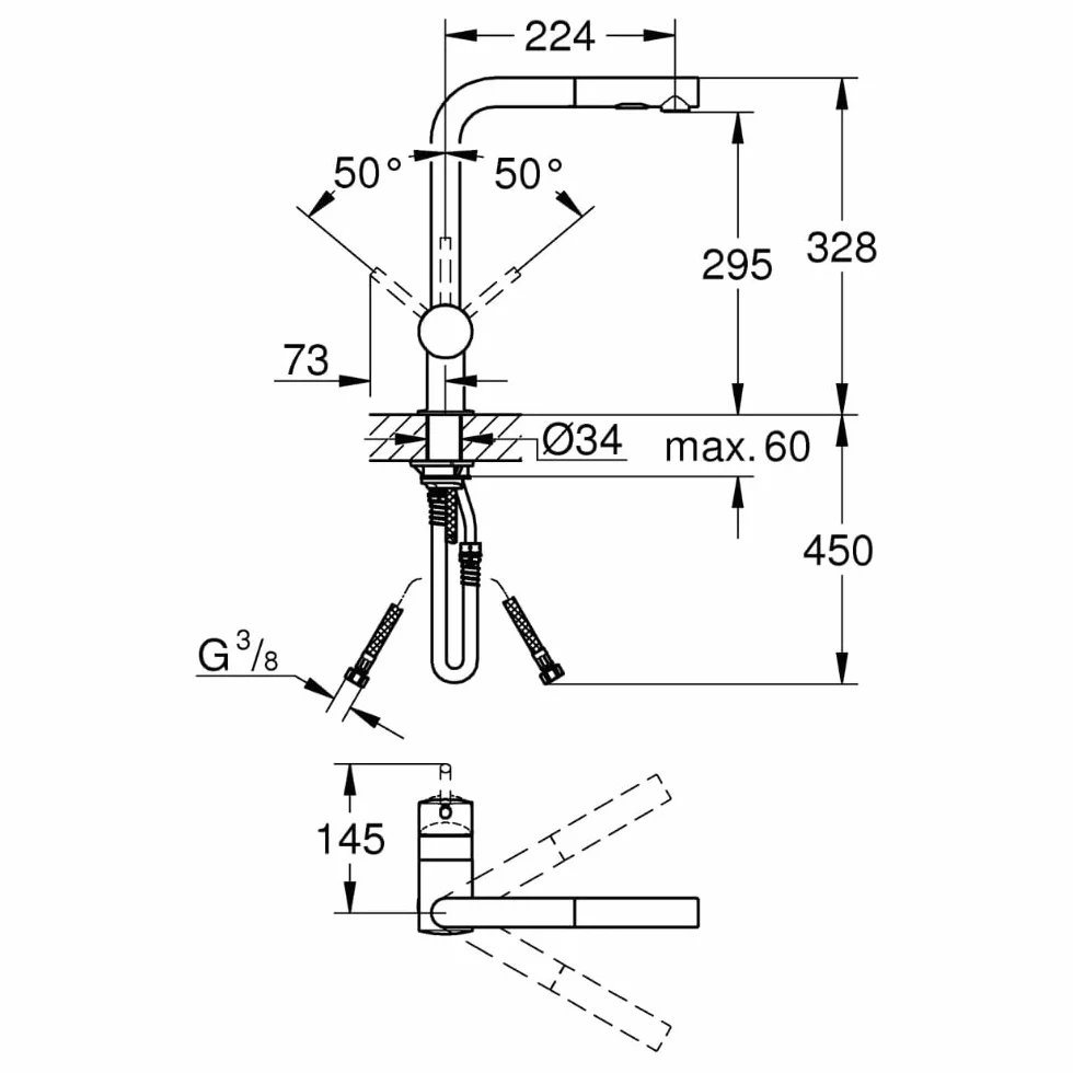 GROHE Minta Robinet de cuisine évier avec douchette extractible, inverseur 2 jets, chromé