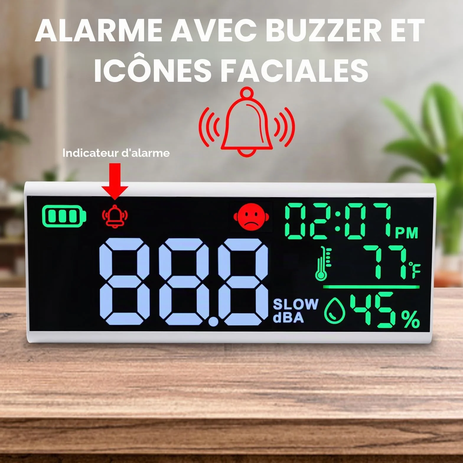 Compteur de décibels 13 pouces - Sonomètre mural et de table avec affichage LED, alarme sonore