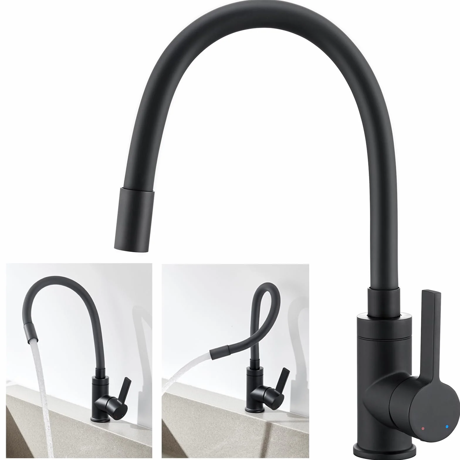 Mitigeur Cuisine Robinet d'Évier Flexible Noir Monocommande Eau Chaude Froide