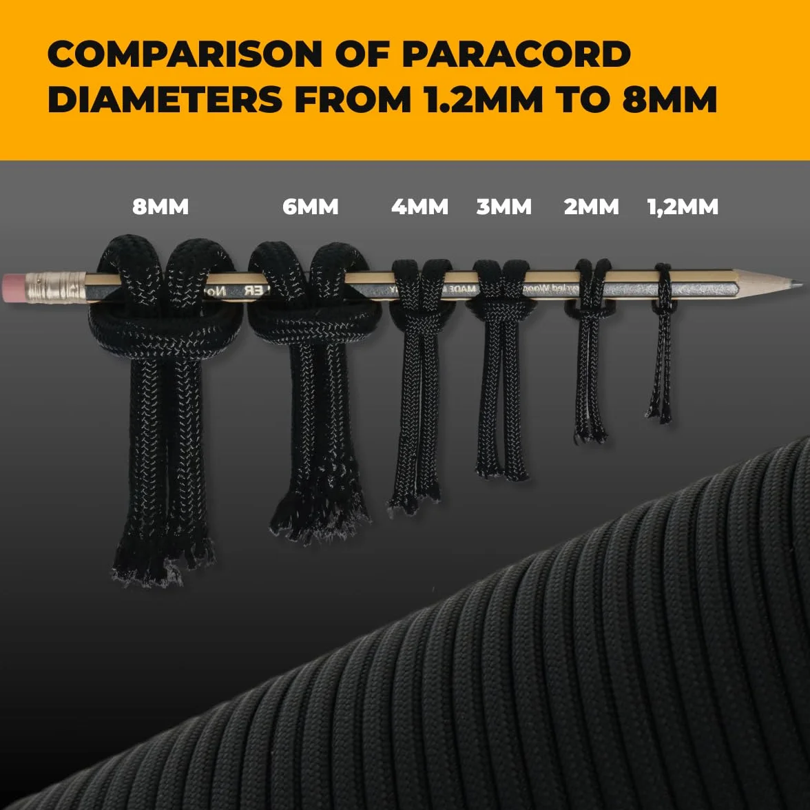 Corde Paracorde 1,2 mm - 8 mm, Noire, 100% Nylon, 10 m à 100 m