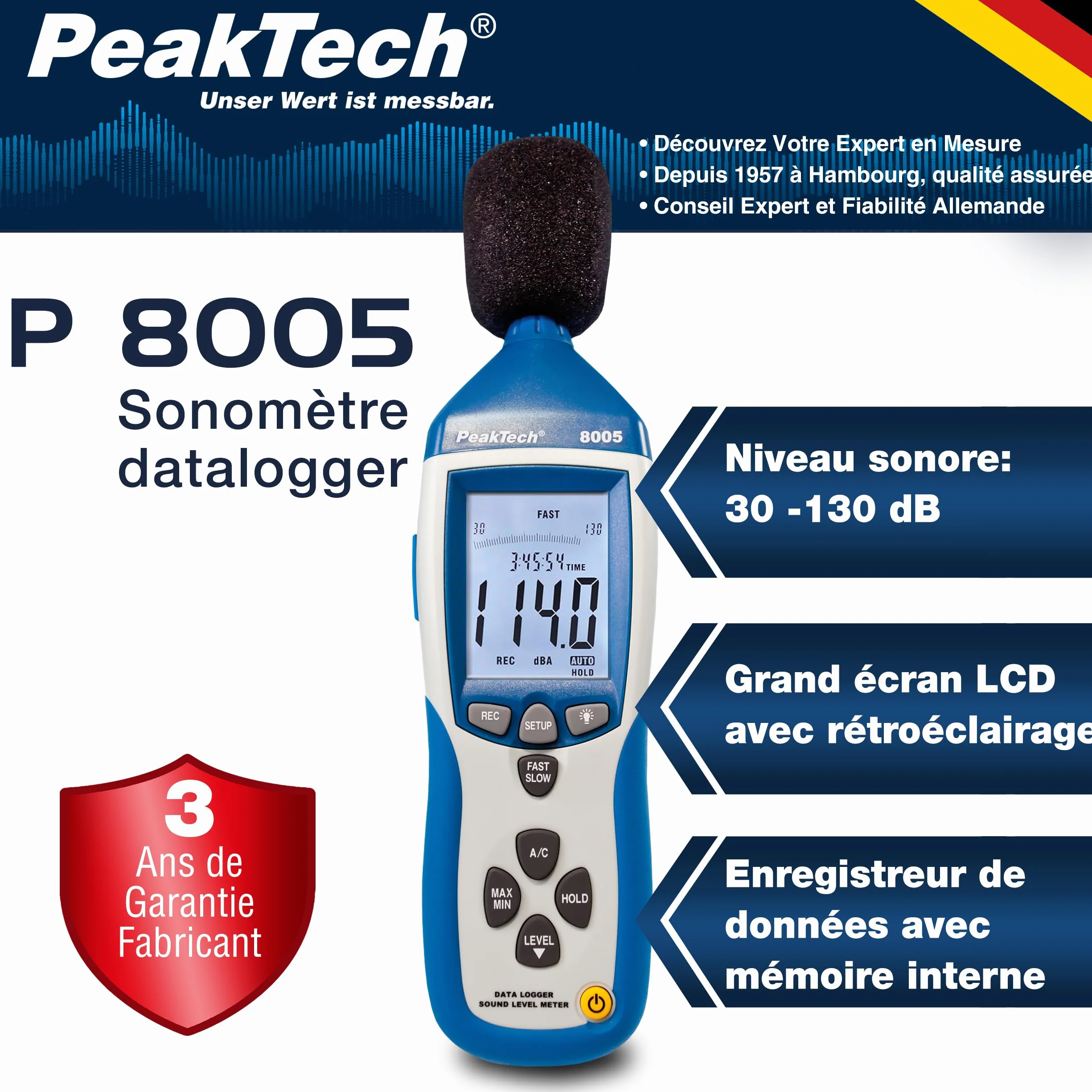 PeakTech 8005 Sonomètre de Classe 2 32000 counts 30-130 dB avec Mémoire et Interface USB