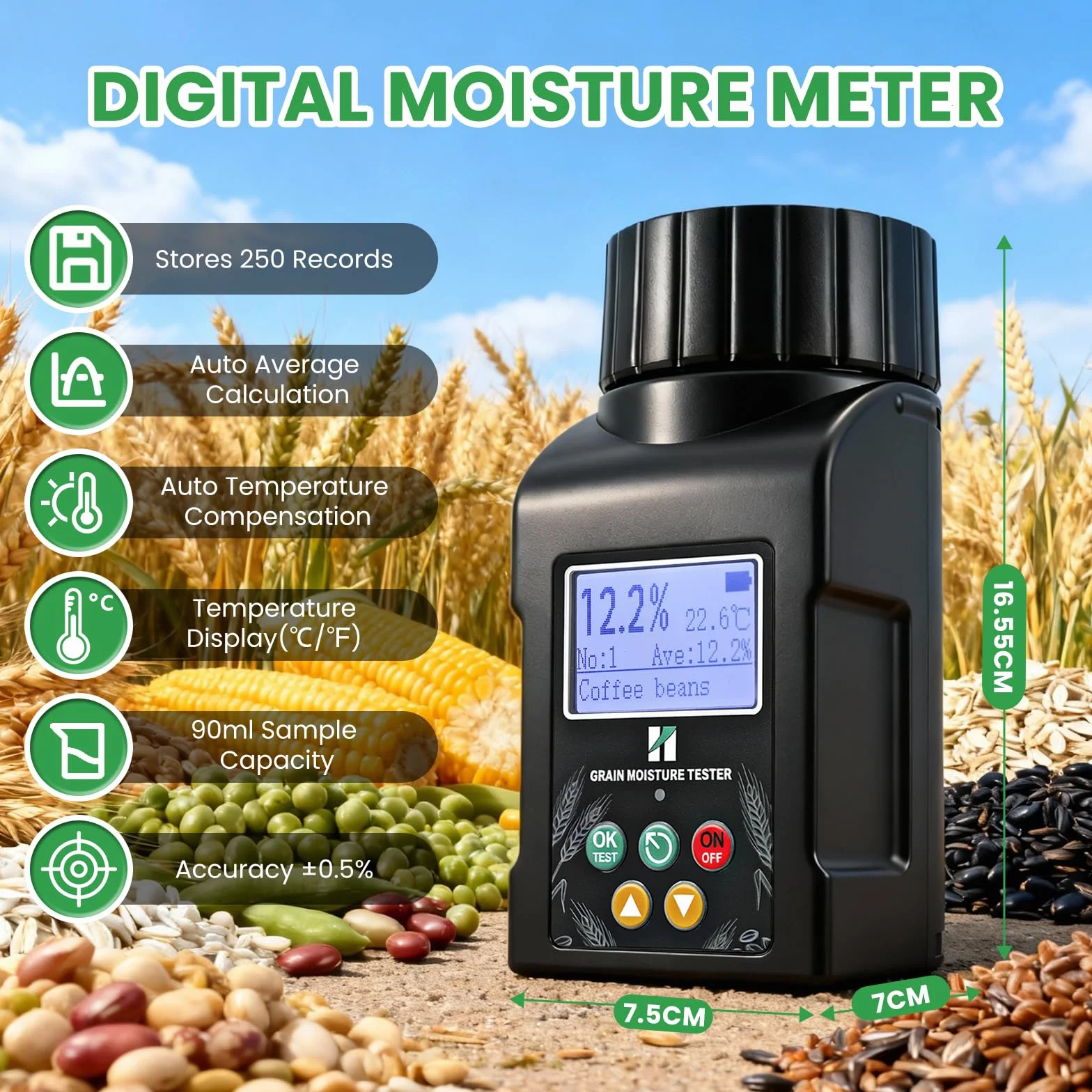Humidimètre pour céréales Huanyu, testeur d'humidité portable, précision ±0,5%, 40 types, compensation de température
