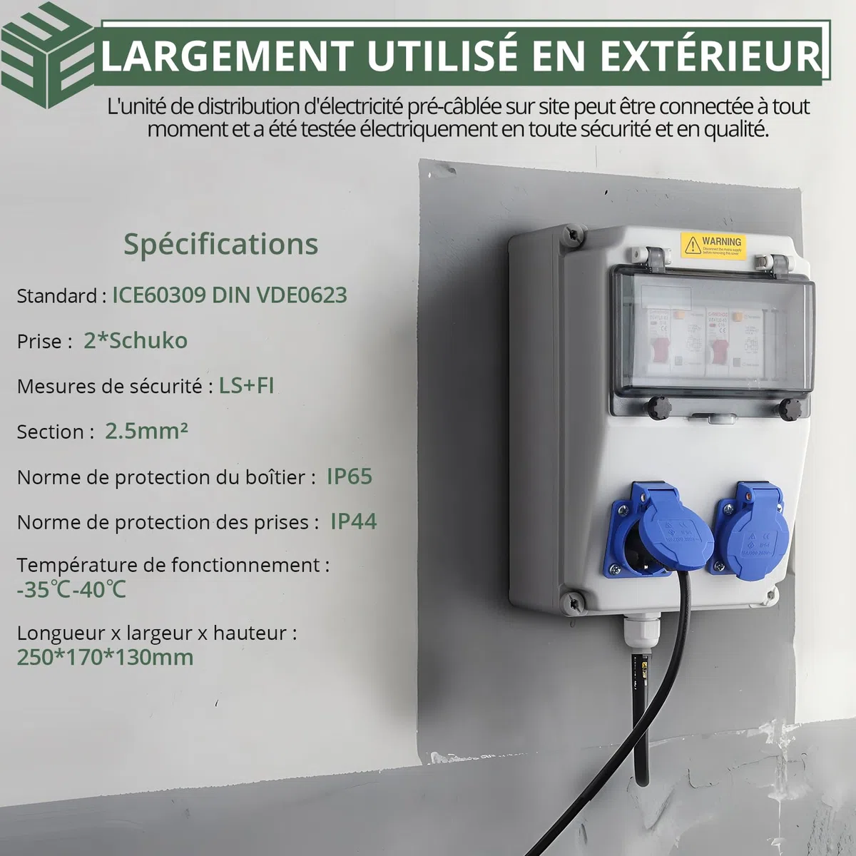 Coffret Électrique de Chantier LS+FI IP54 Prise Schuko 230 V Distributeur de Courant Électrique avec Disjoncteur