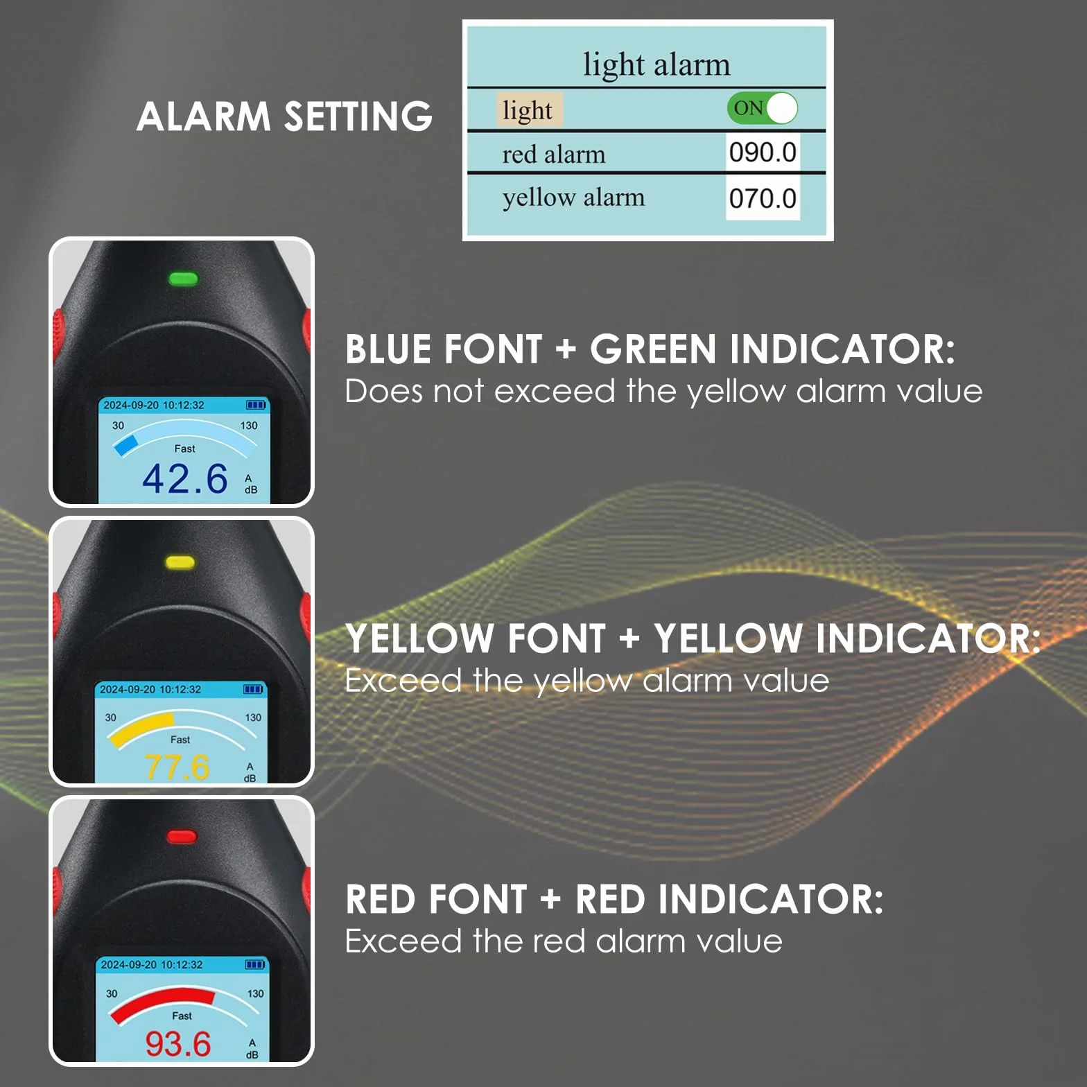 Décibelmètre numérique avec enregistreur de données, niveau sonore rechargeable, fréquence A/C, sortie CC