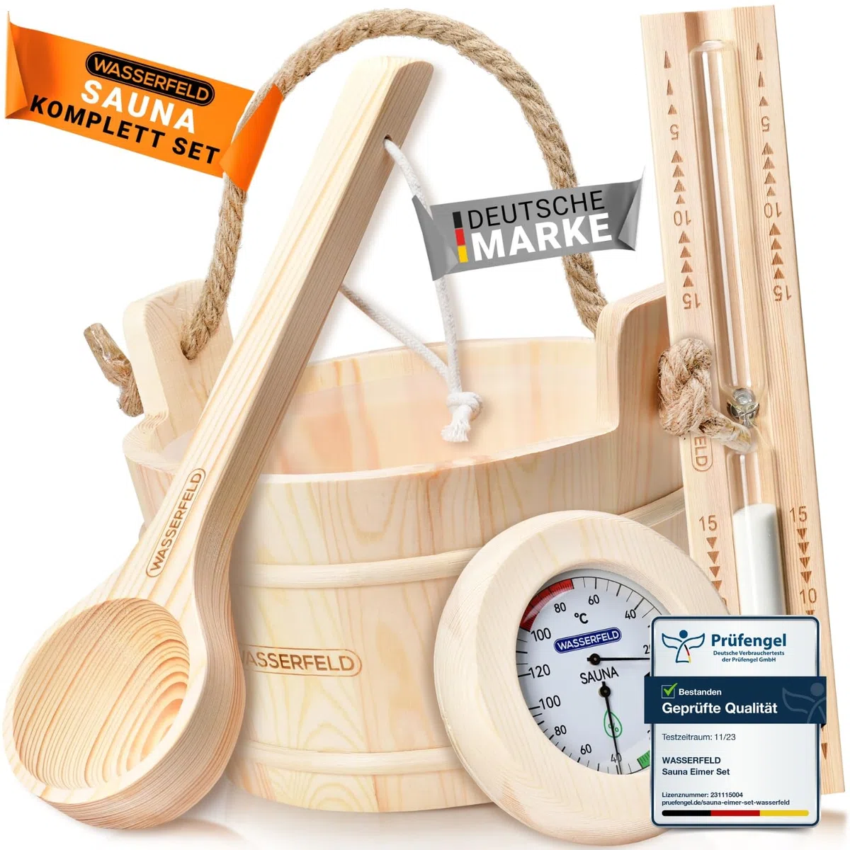 WASSERFELD® Seau de sauna 4 litres avec truelle, sablier, thermomètre et hygromètre