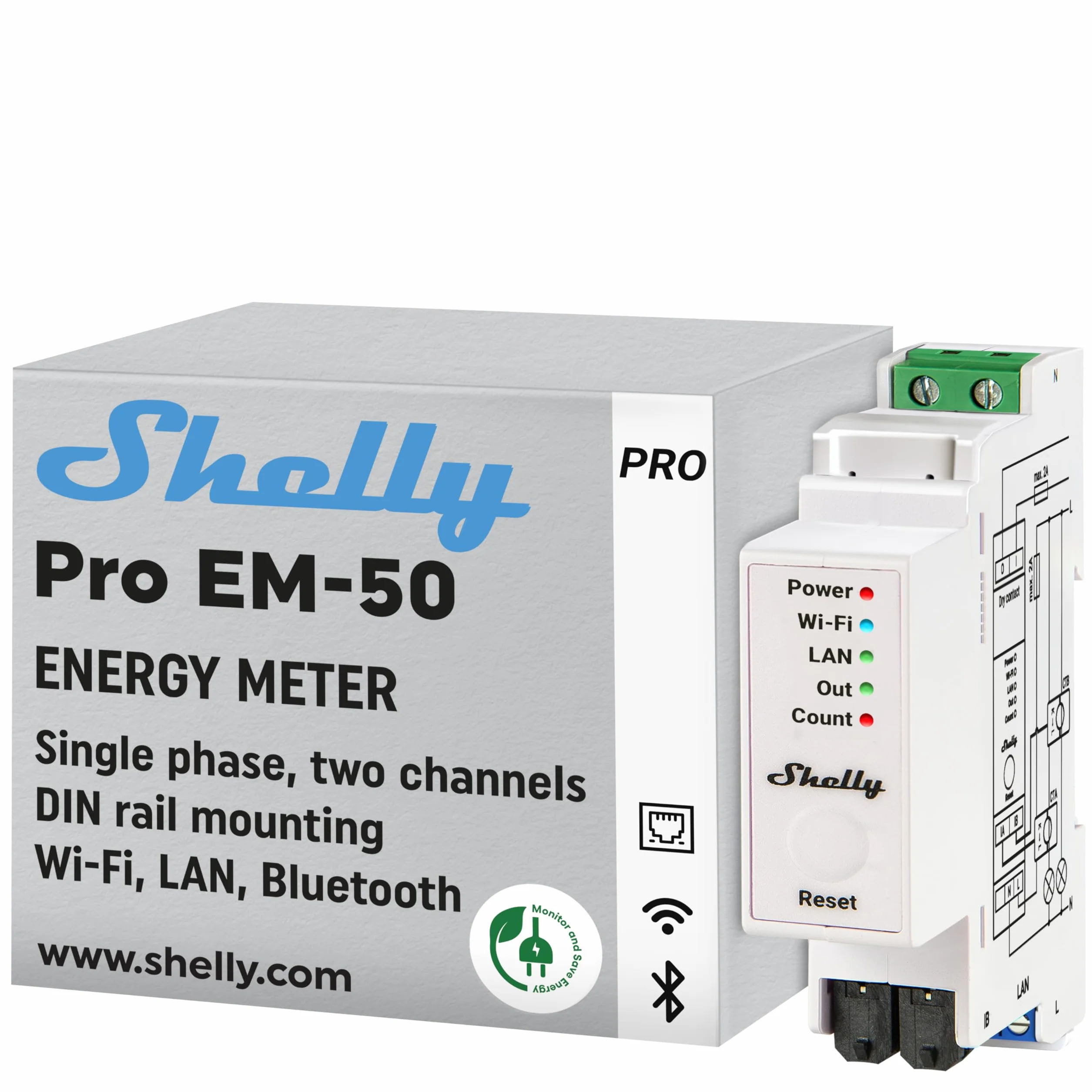 Shelly Pro EM 50A Compteur électrique monophasé 2 canaux LAN Wi-Fi Pinces ampermétriques incluses