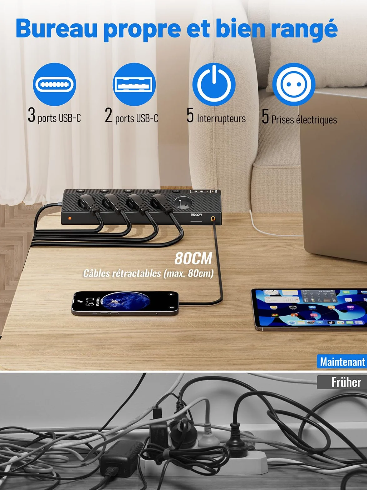 Multiprise Française USB PD 30W 5 Prises Secteur 5 USB 4000W Parafoudre Surtension 3M Noir