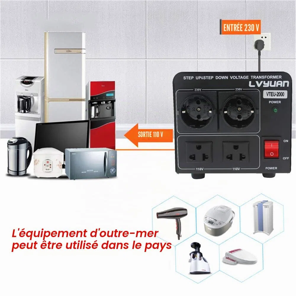 Cantonape Convertisseur de tension 2000VA 220V-110V Transformateur élévateur réducteur 2000W US Sortie 110V 120V 220V 230V