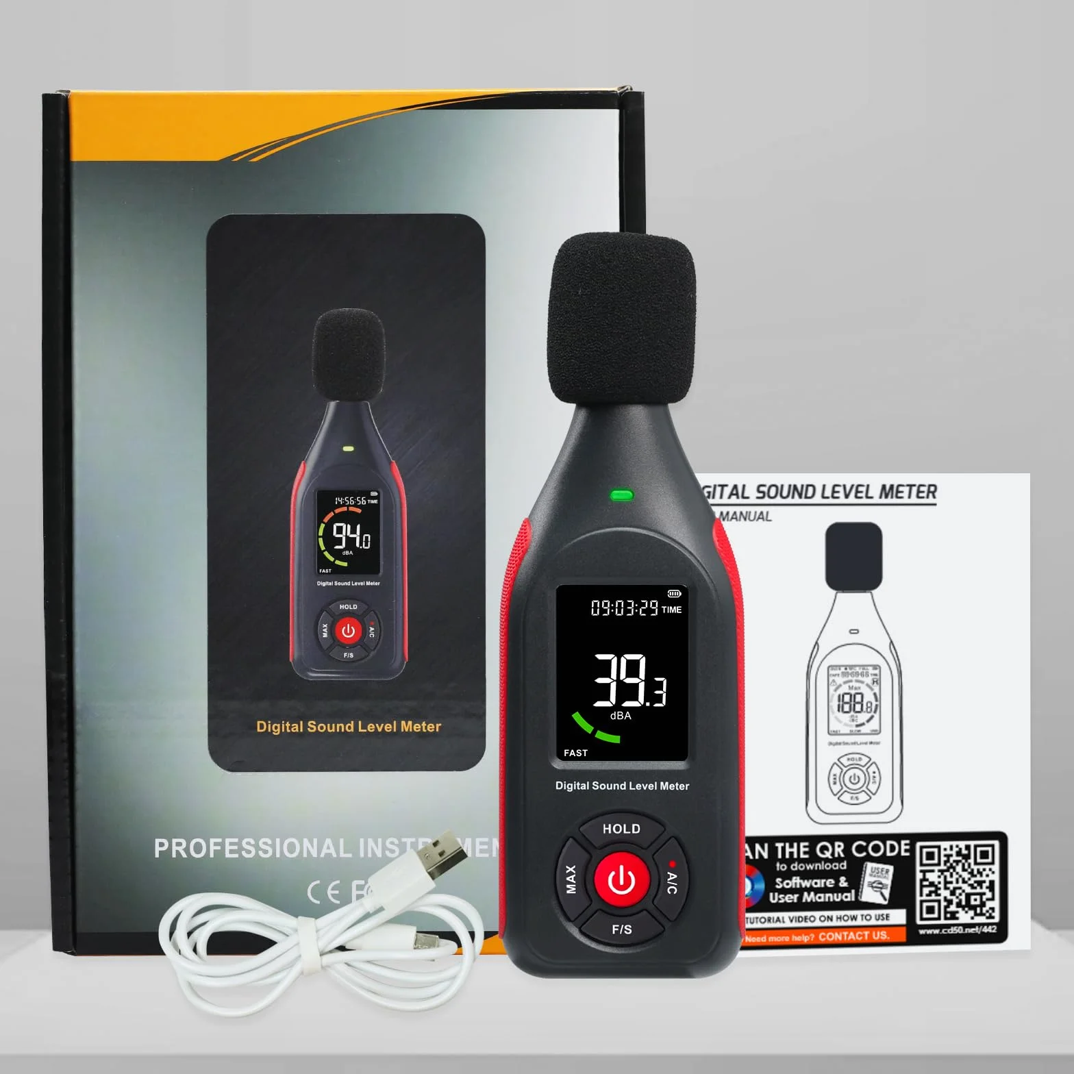 Décibelmètre Professionnel 30dB à 130dB MAX Data Hold Numérique SPL dB Meter avec Alarme et Rechargeable