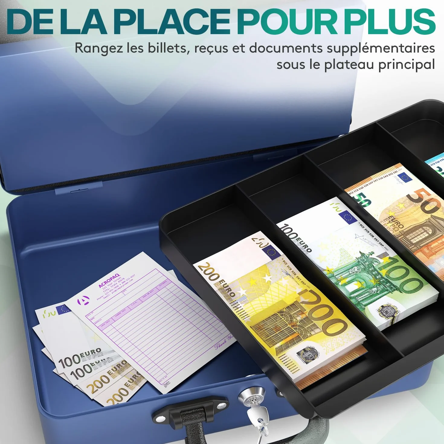 ACROPAQ Caisse monnaie grande professionelle avec monnayeur et 2 clés, Bleu