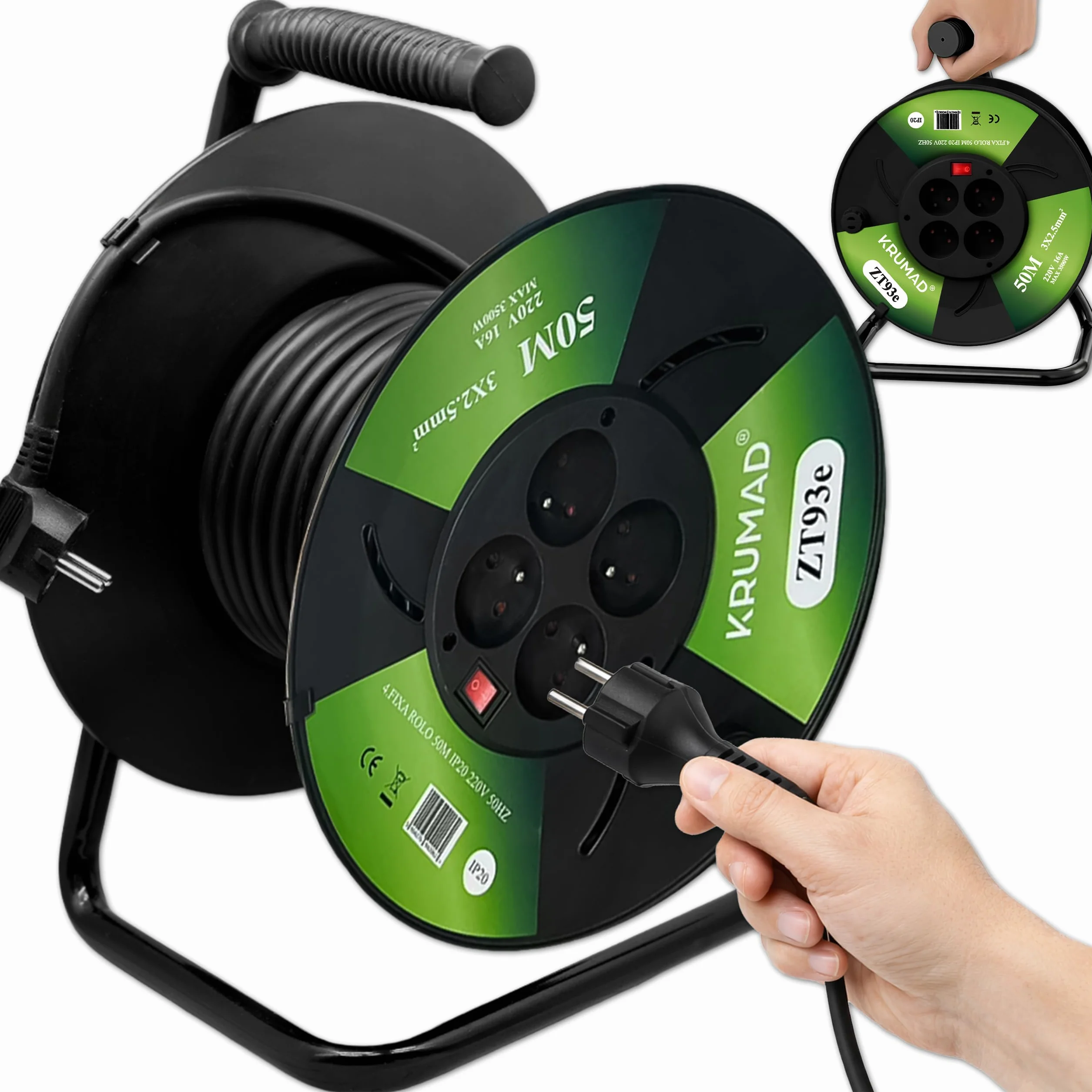 KRUMAD Enrouleur de câble 50 m 4 prises 3x1 mm² 2000 W 220 V extérieur