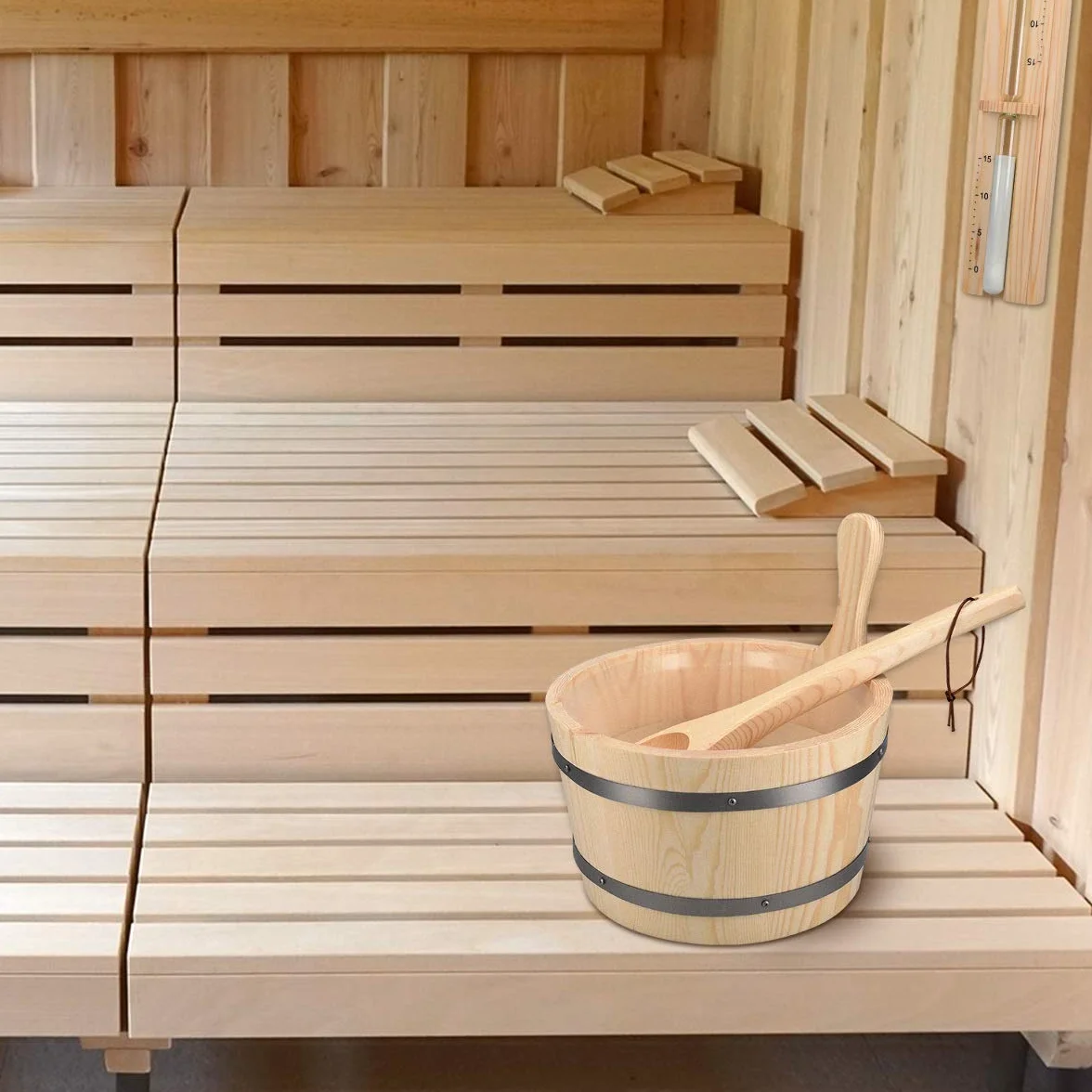 Navaris Kit d'accessoires de sauna - Seau 5L, louche en bois, sablier minuteur - Bois de pin