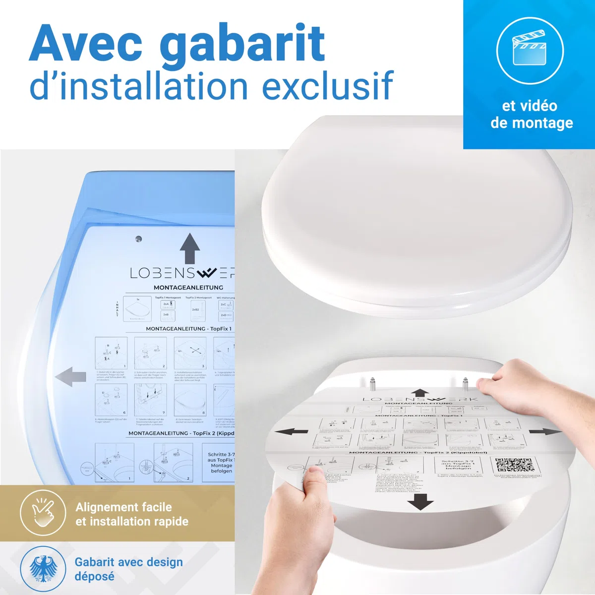 LOBENSWERK Abattant WC avec frein de chute duroplast antibactérien UV résistant Lunette de toilette clipsable universelle ovale