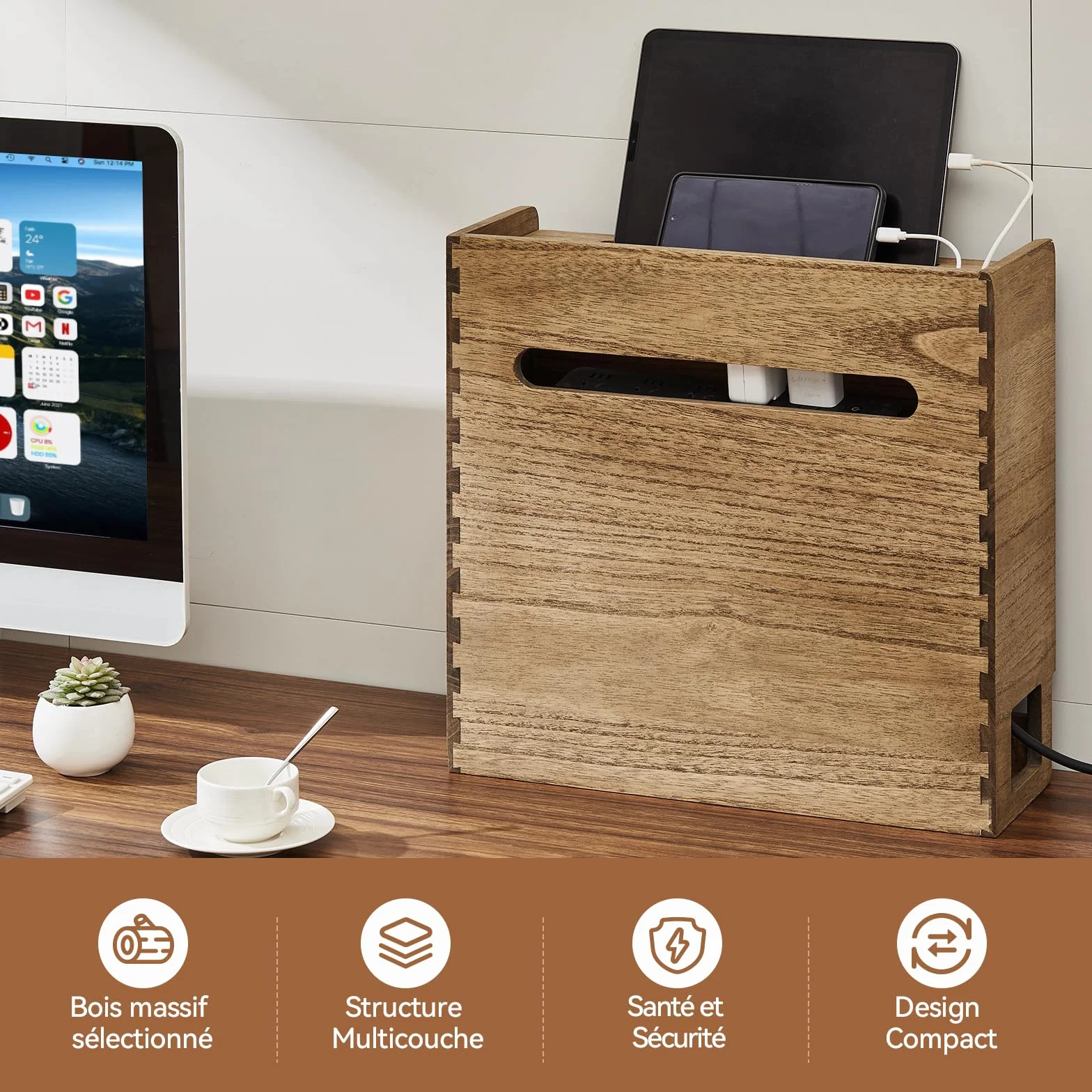 KIRIGEN Boîte de rangement pour routeur Wifi, étagère en bois pour câbles, gestion et organisation des câbles gelb-braun