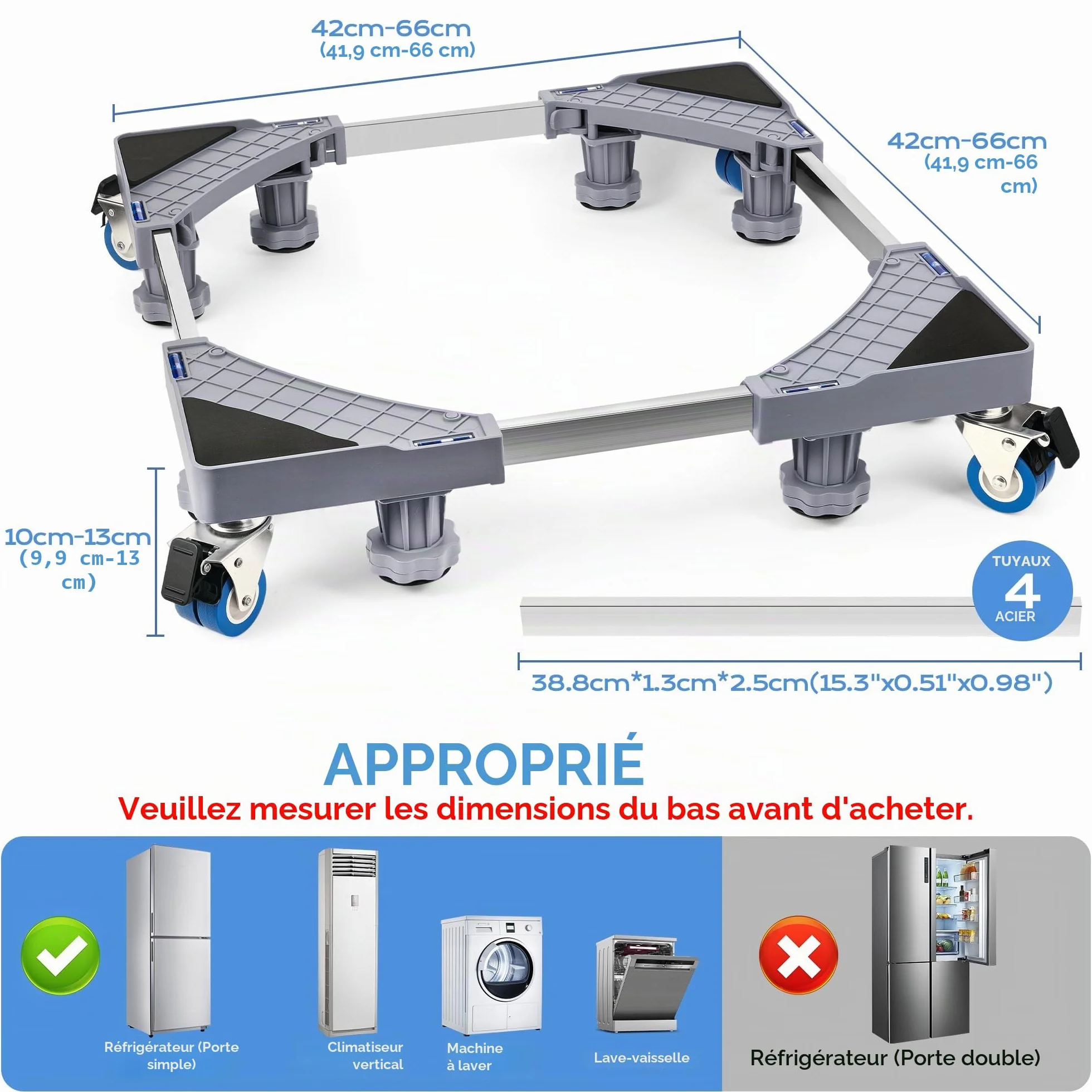 Support Machine à Laver Réglable 42-66 cm Socle Lave Linge 8 Pieds 4 Roues Base Antidérapante 300 kg