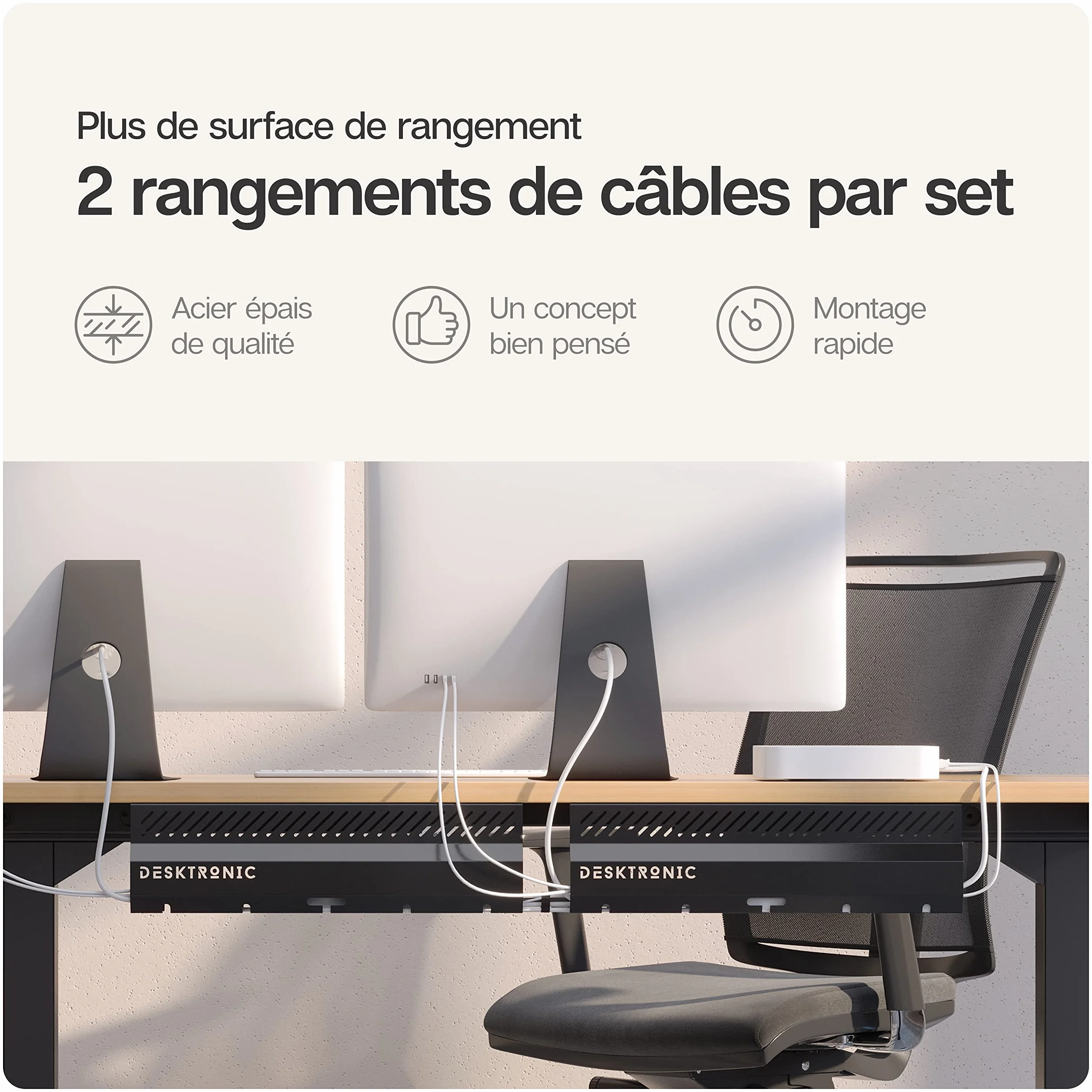 Lot de 2 Goulottes de Câbles de Bureau en Acier Inoxydable avec 5 Découpes - Noir