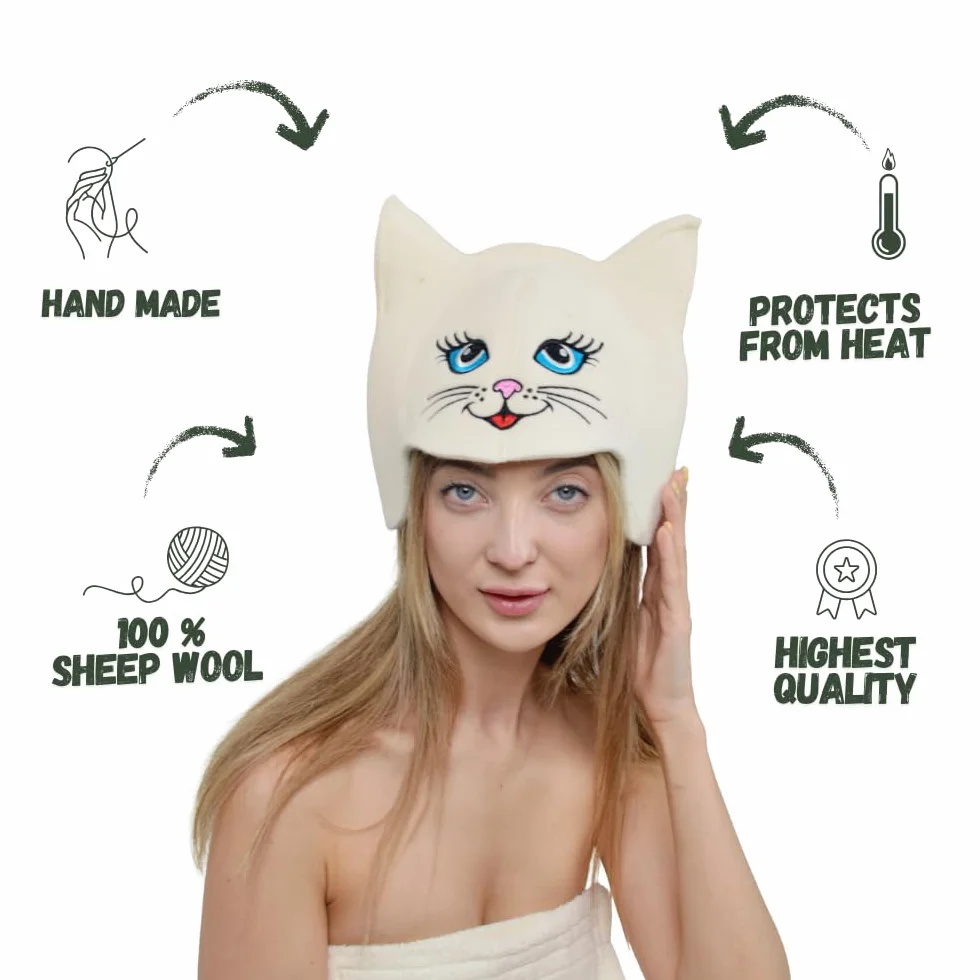 Chapeau de Sauna 'Sauna Kitten Cat' Blanc - 100% Feutre de Laine Biologique - Protège Tête de la Chaleur