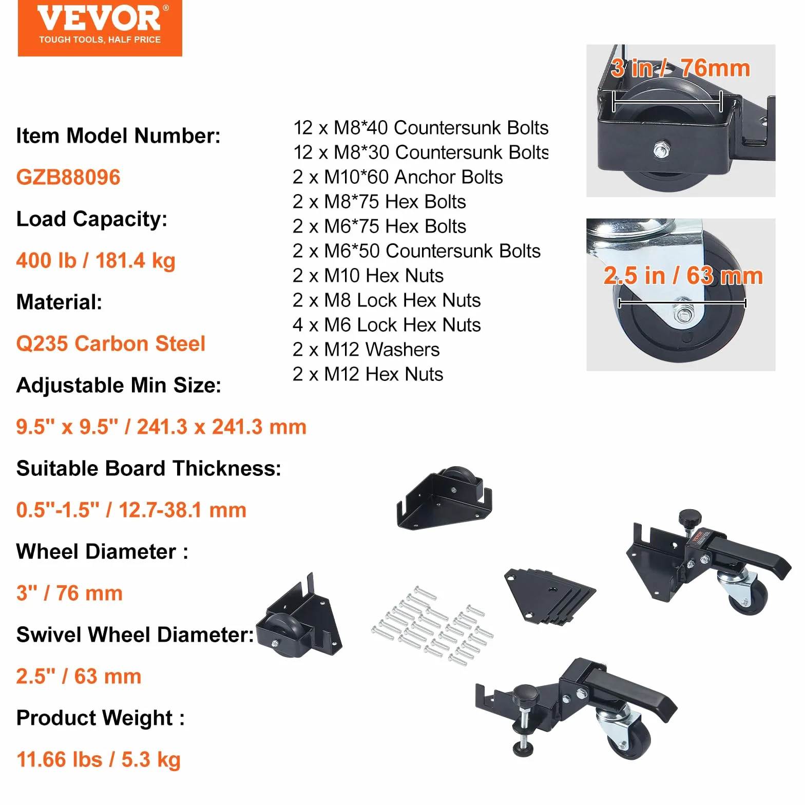 VEVOR Base Mobile Roulette Universelle 181,4 kg Réglable 241,3x241,3 mm Roues Pivotantes