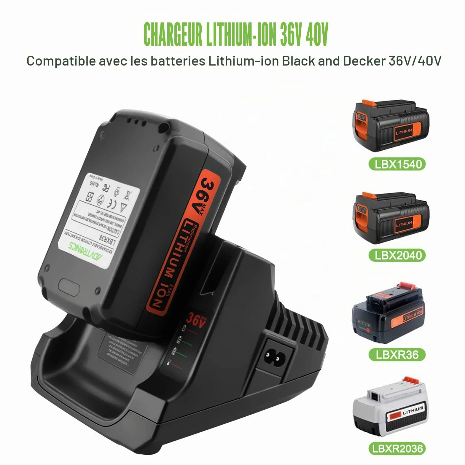 Chargeur Compatible Black Decker 36V 40V Batteries BL20362 BL2536 LBX2040 LBX36 LBXR36 LBXR2036 LBX1540 LBX2540 LST136W LST540 LCS1240 LCS36