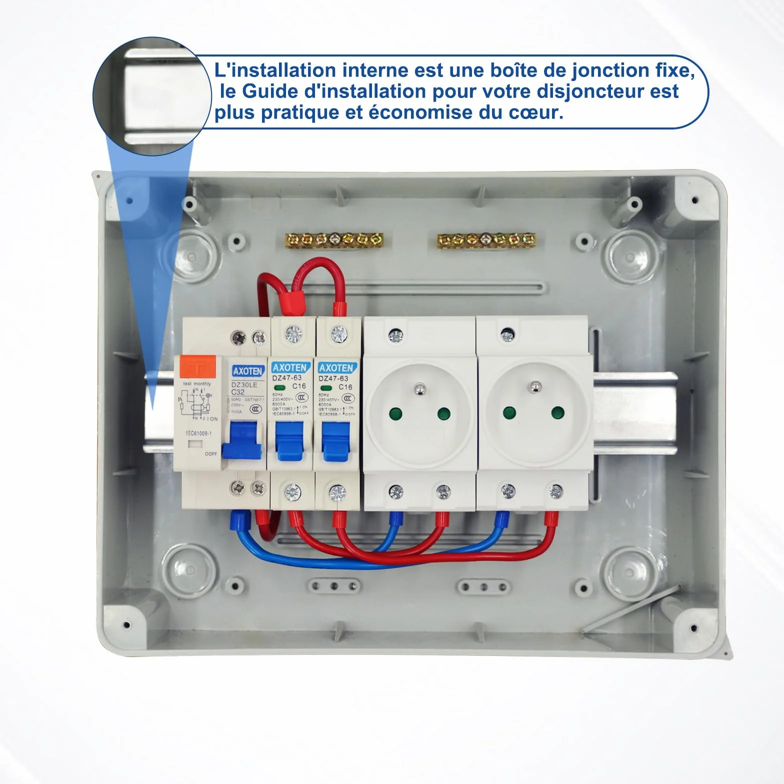 Boîte à fusibles en saillie IP65 Simmpatuu Coffret électrique étanche IP65 DZ 30mA AC Interrupteur de Fuite 1 Disjoncteur 16A 2 prise modulaire 16A 2P+T
