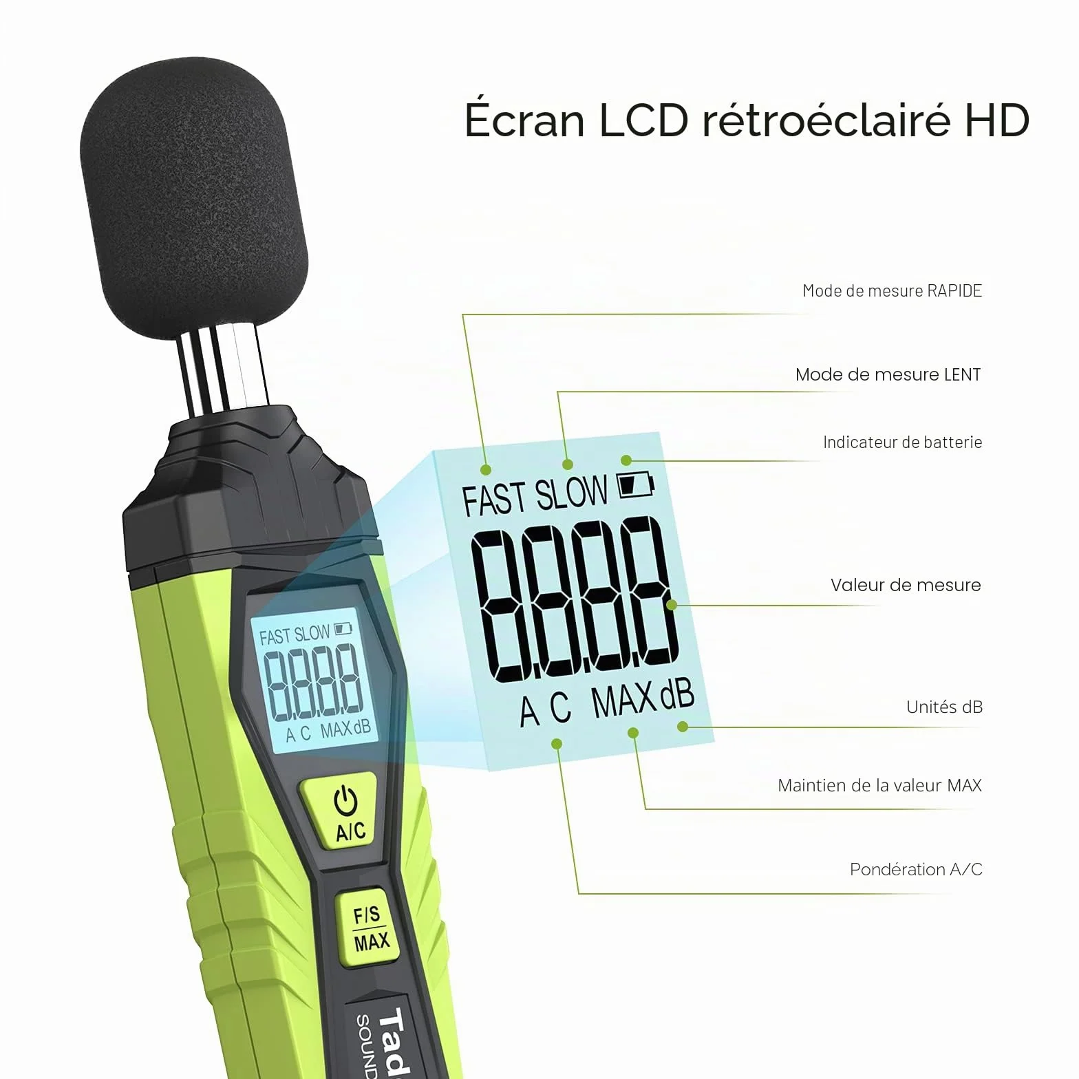 Sonomètre numérique portable décibelmètre 30dB à 130dB écran LCD A/C pondéré
