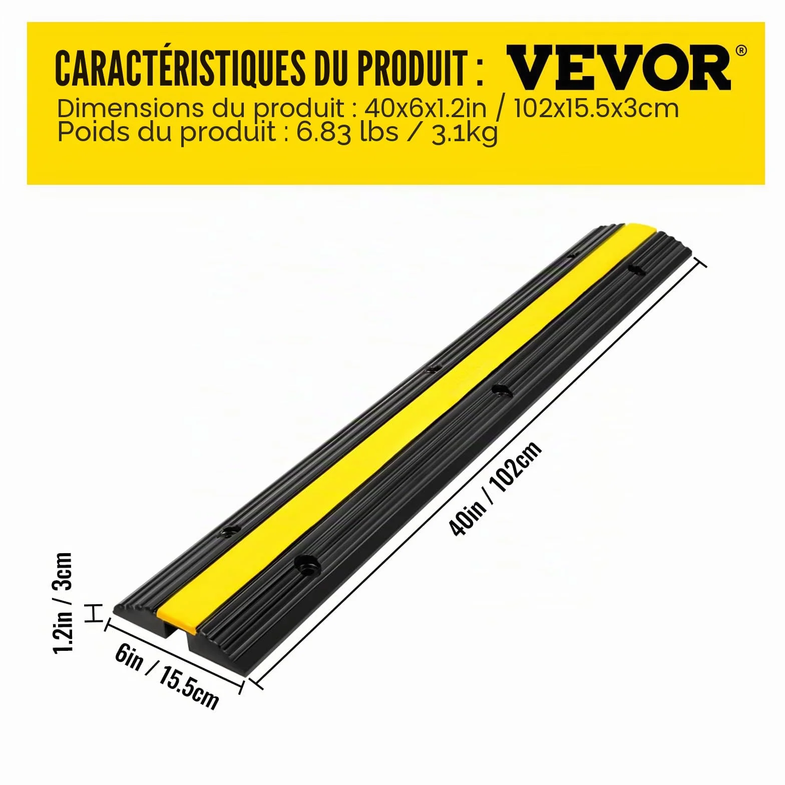 VEVOR Lot de 4 Protections de câbles à 1 Canal, Protection de câble en Caoutchouc thermoplastique, Design modulaire 100 x 15 x 2,5 cm Noir