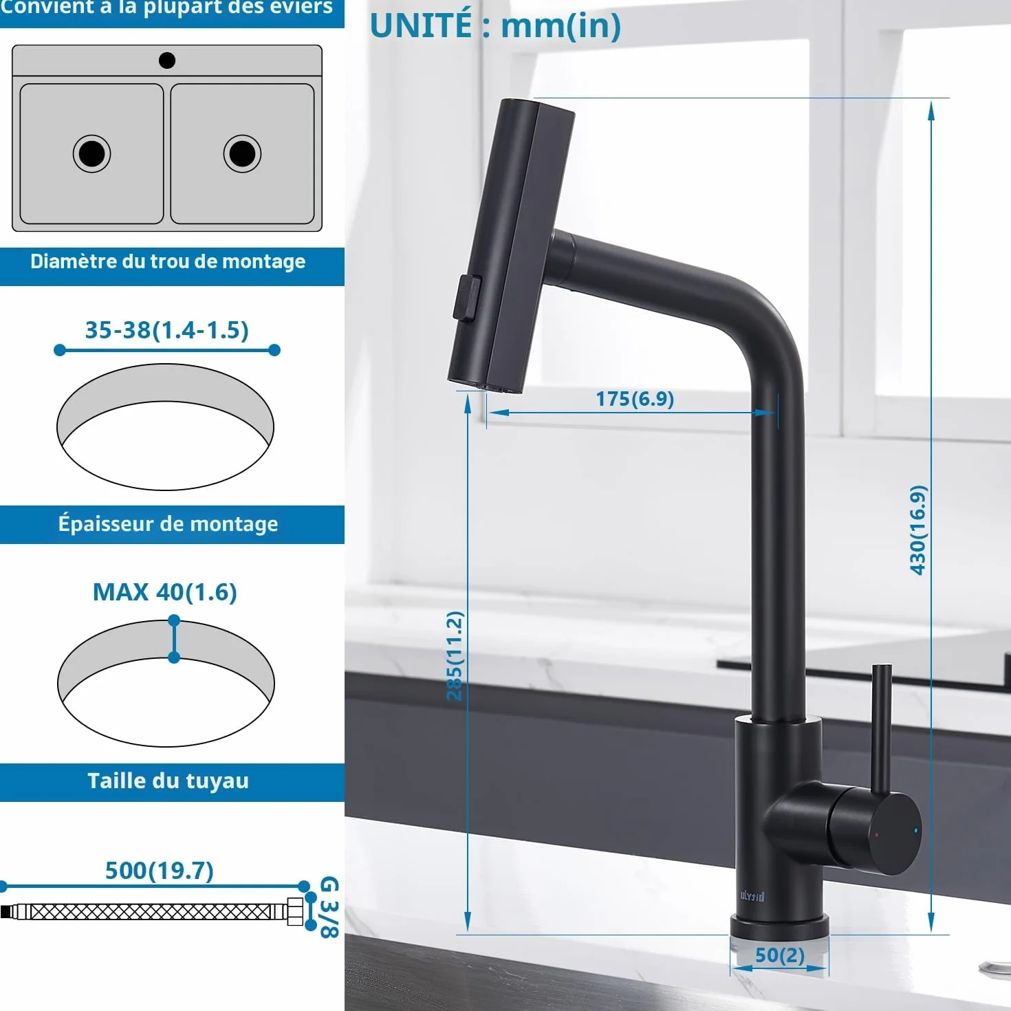 Mitigeur Cuisine Noir Cascade, Douchette Extractible 3 Modes, Robinetterie Evier Escamotable Rotatif 360° Acier Inoxydable