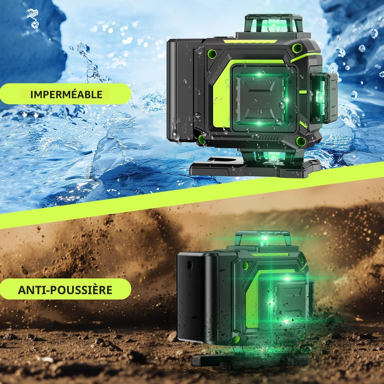 Niveau Laser Chantier Autonivelant 360° 4D 16 Lignes avec Trépied, Batterie et Télécommande